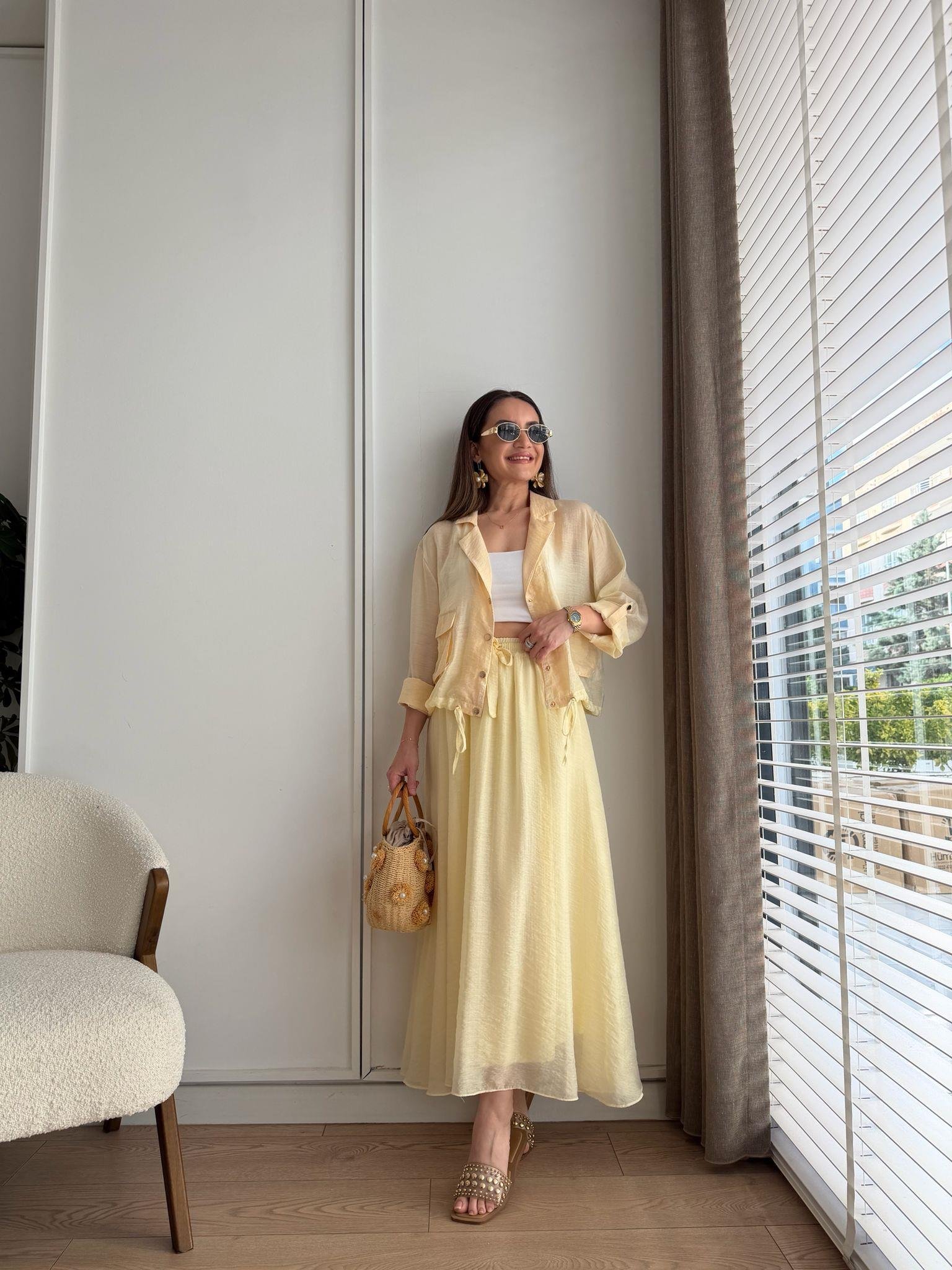 Sarı Gold Düğmeli Etek Takım 37277