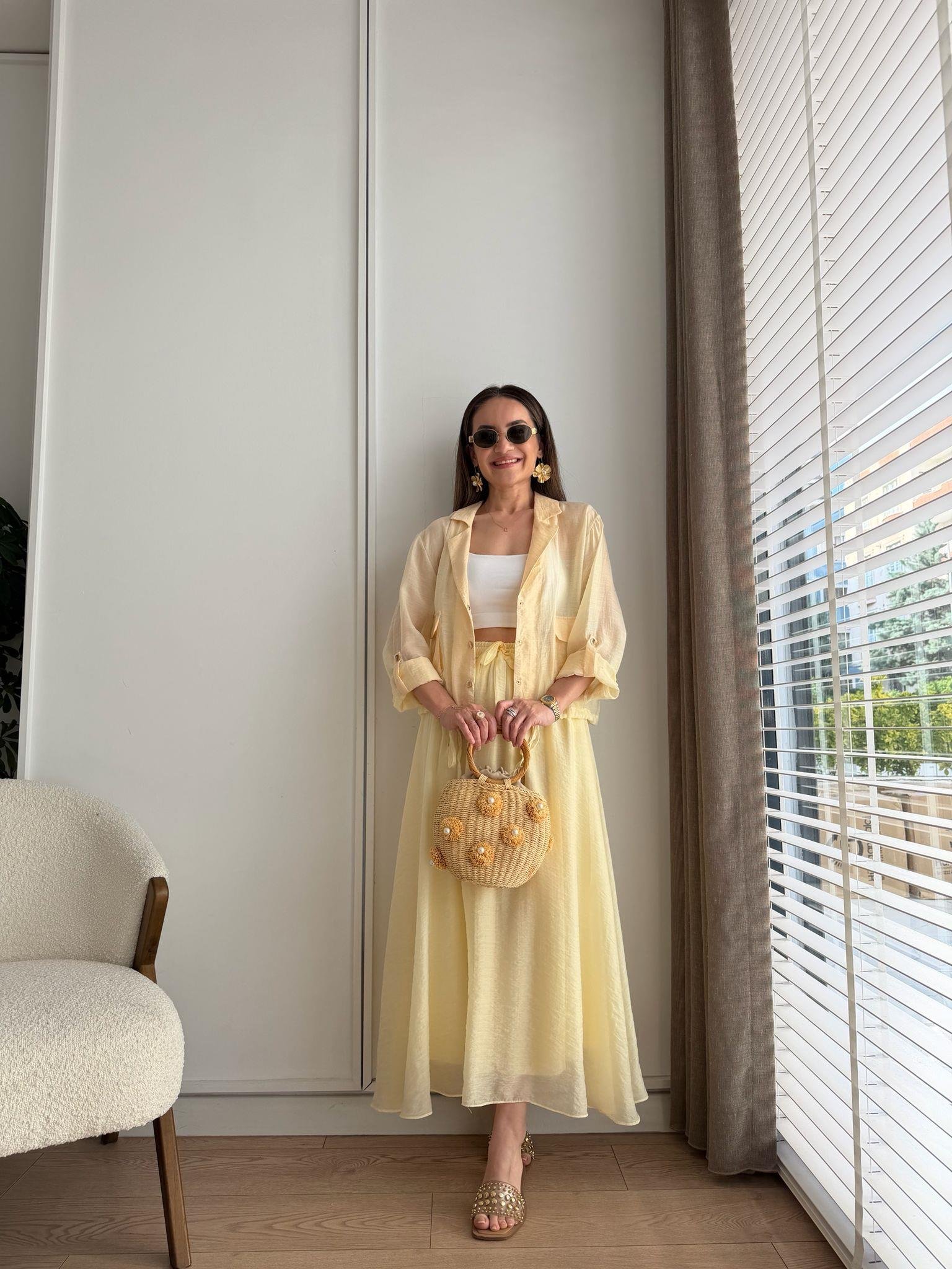 Sarı Gold Düğmeli Etek Takım 37277