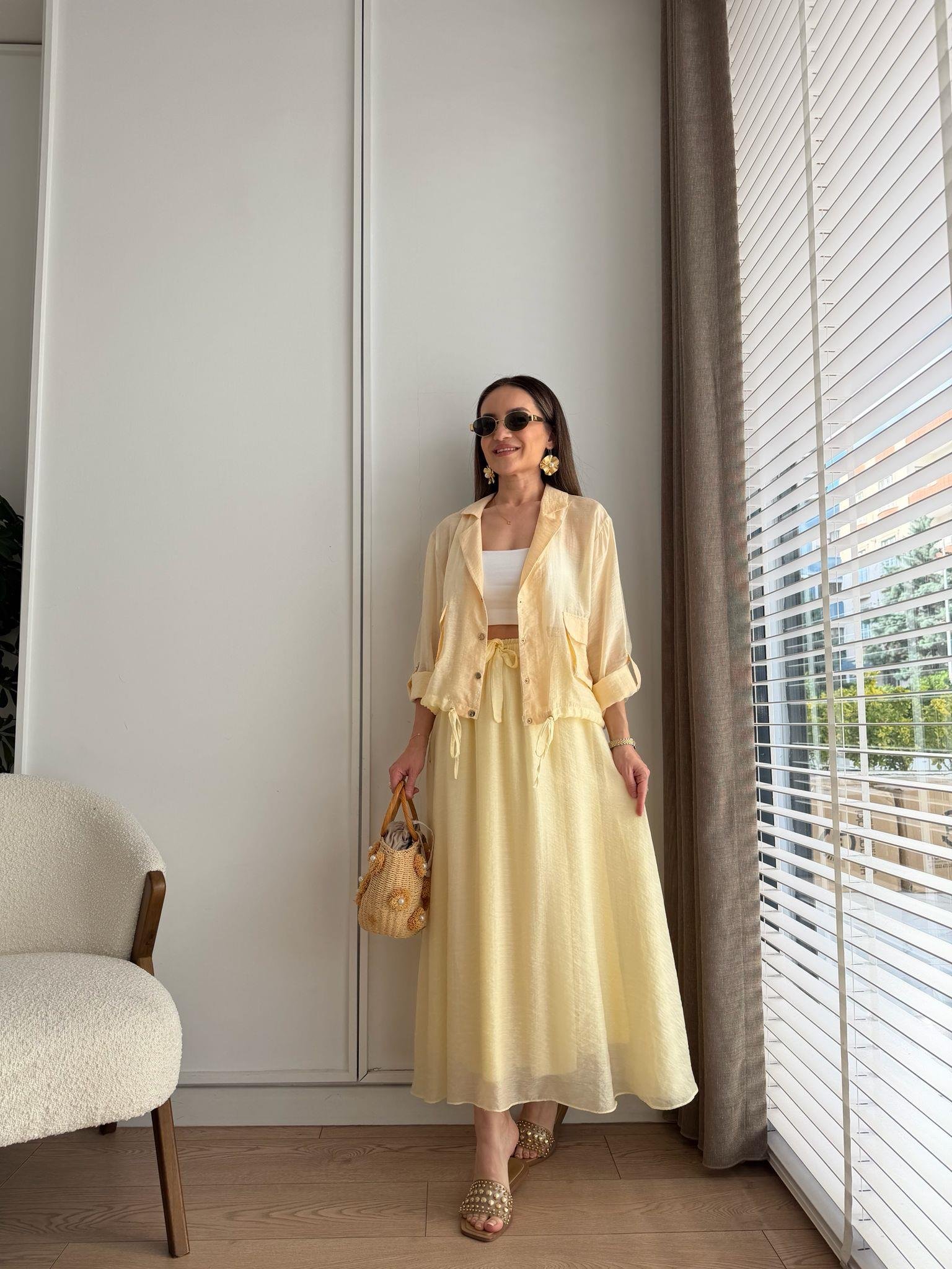 Sarı Gold Düğmeli Etek Takım 37277