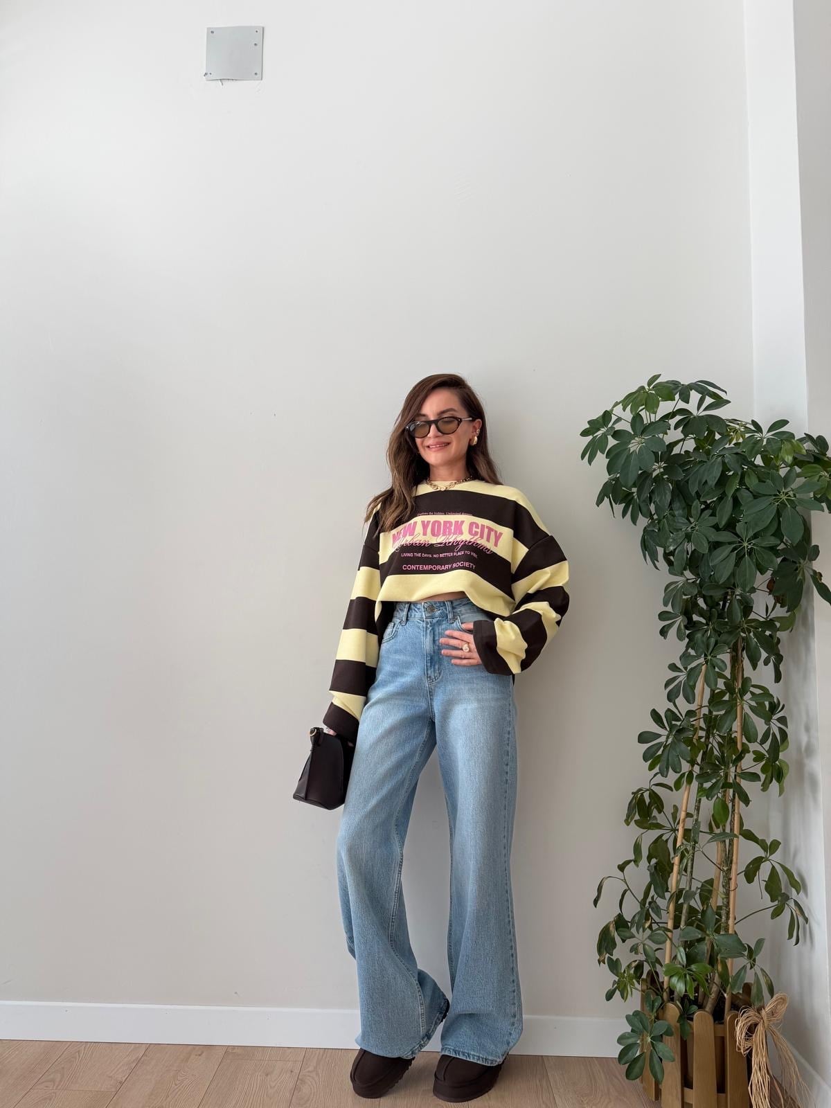 Sarı Kalın Çizgili Yazı Detaylı Sweatshirt 11262