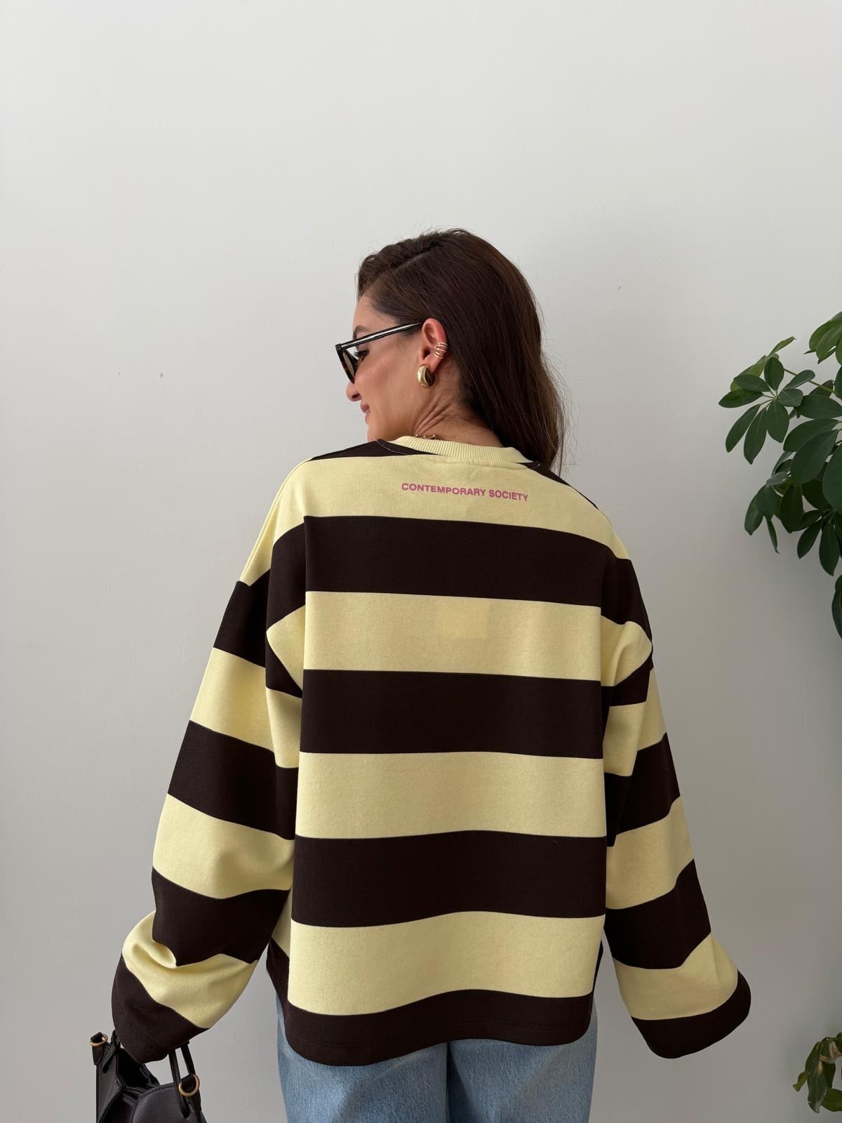 Sarı Kalın Çizgili Yazı Detaylı Sweatshirt 11262