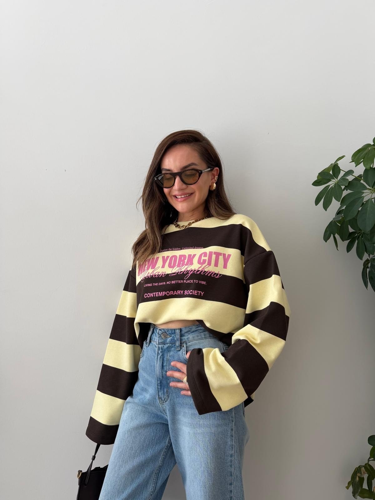 Sarı Kalın Çizgili Yazı Detaylı Sweatshirt 11262