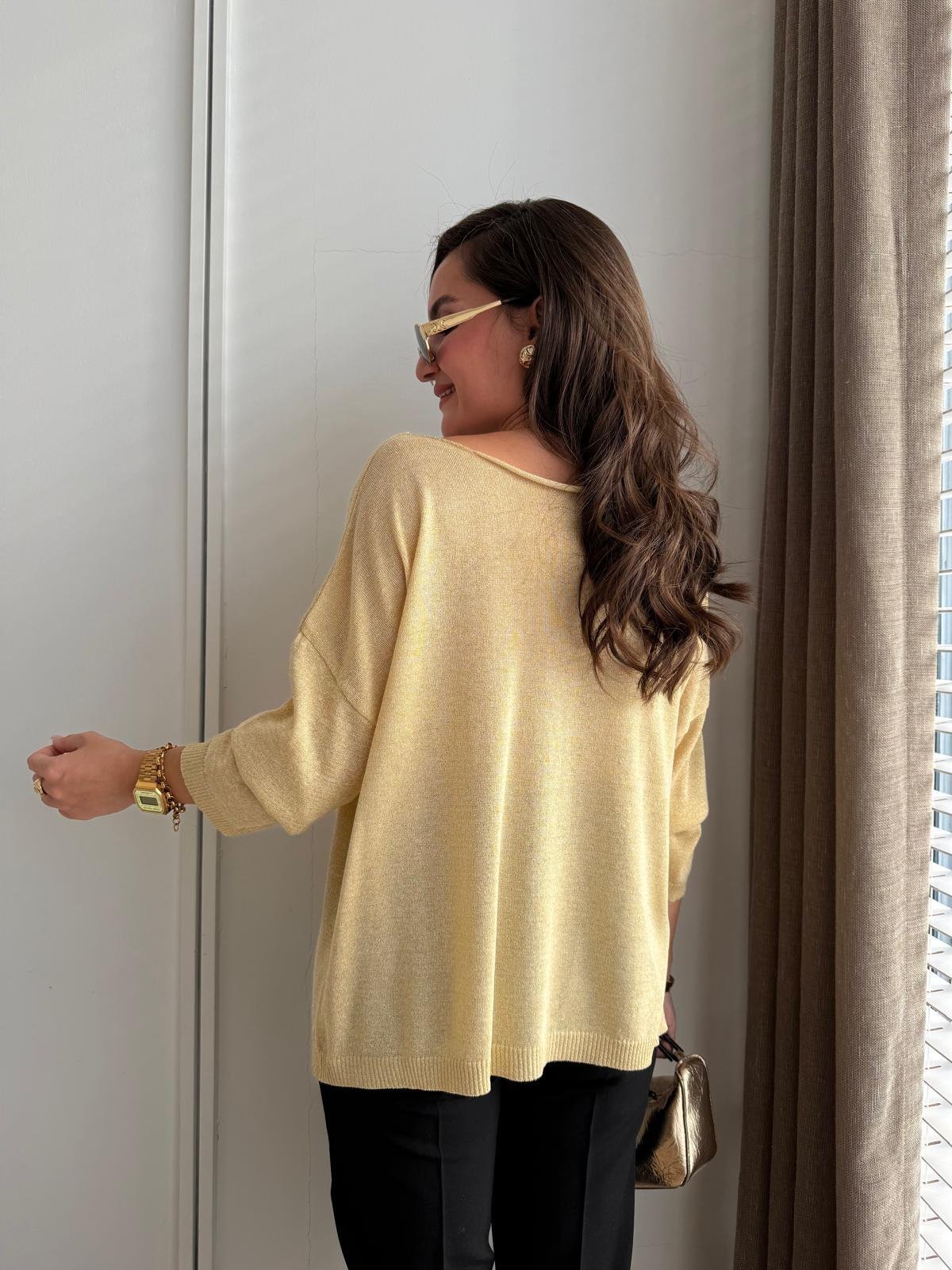 Sarı Kayık Yaka Sim Geçişli Triko Bluz 251092