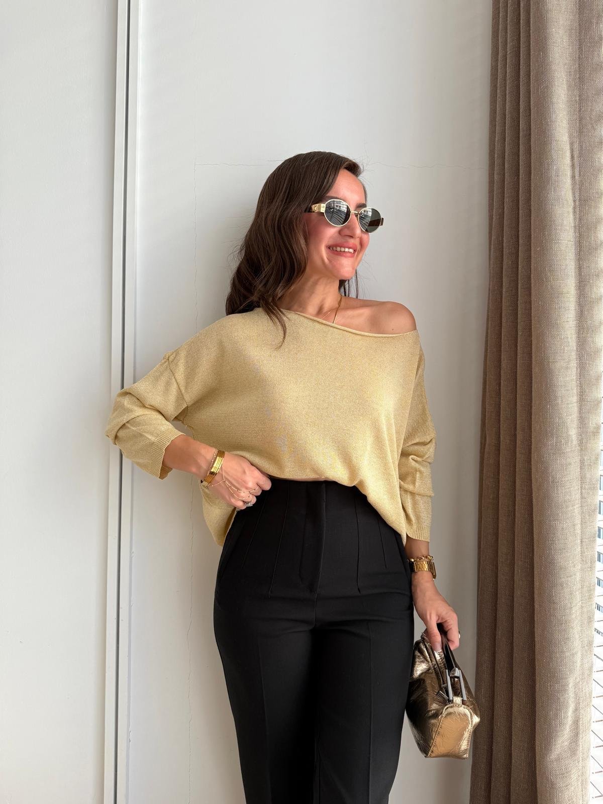 Sarı Kayık Yaka Sim Geçişli Triko Bluz 251092