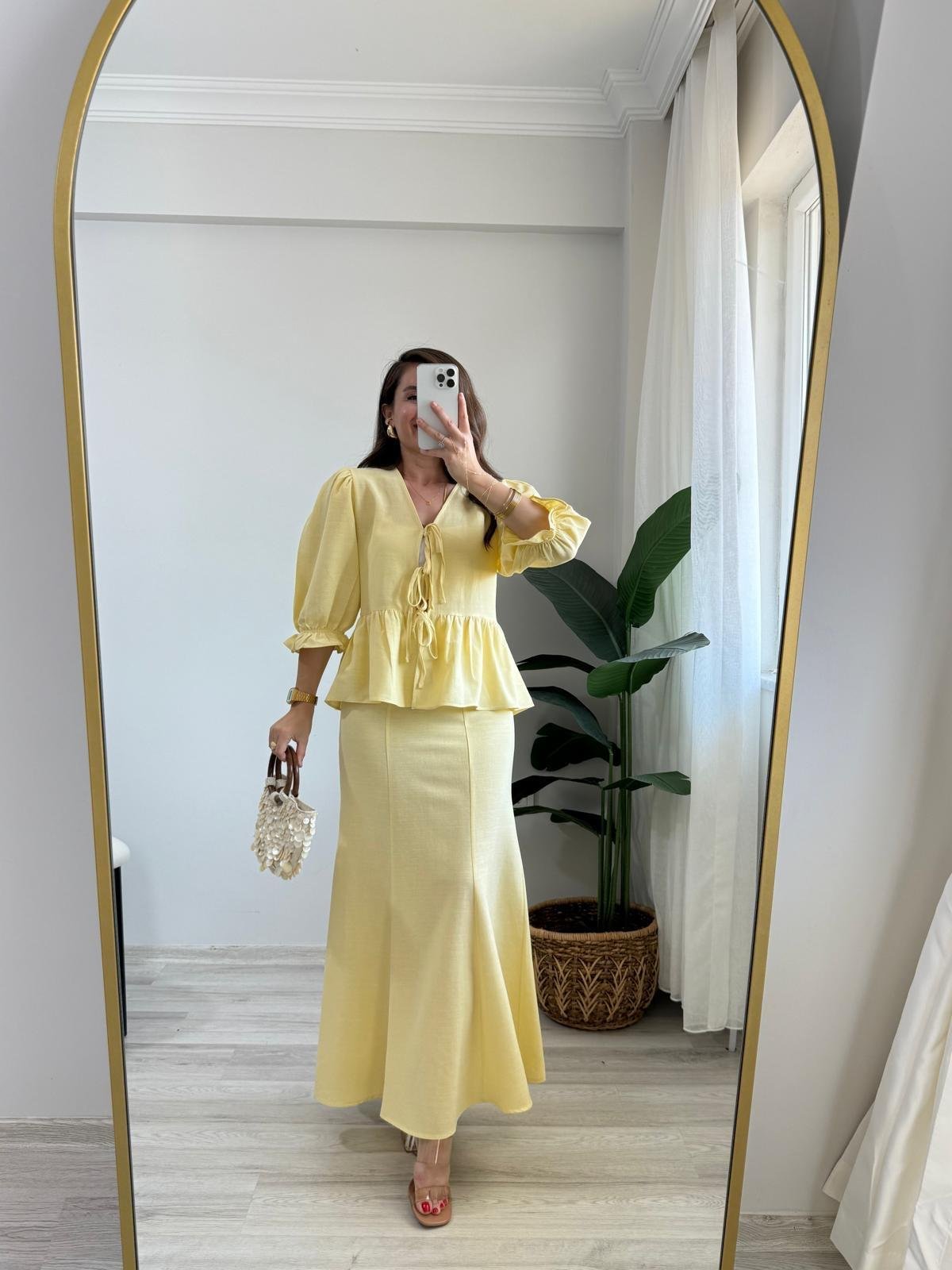 Sarı Keten Bağlamalı Balan Kol Bluz Etek Takım 0619