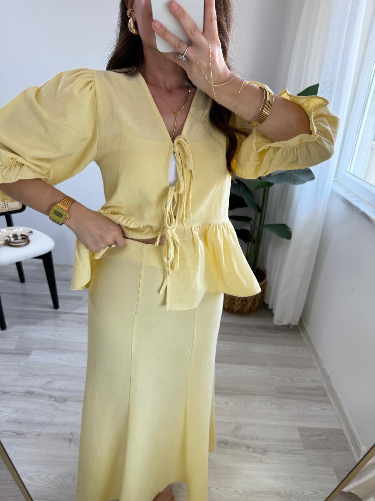 Sarı Keten Bağlamalı Balan Kol Bluz Etek Takım 0619