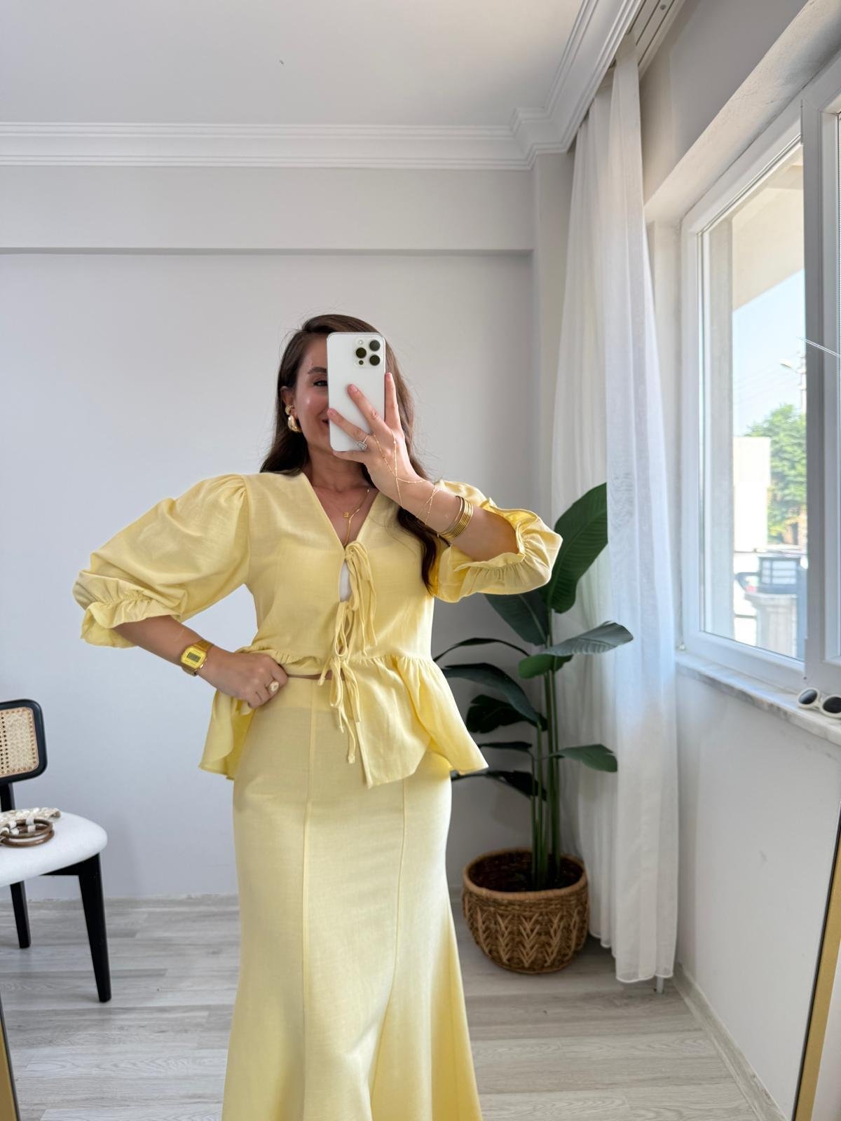 Sarı Keten Bağlamalı Balan Kol Bluz Etek Takım 0619