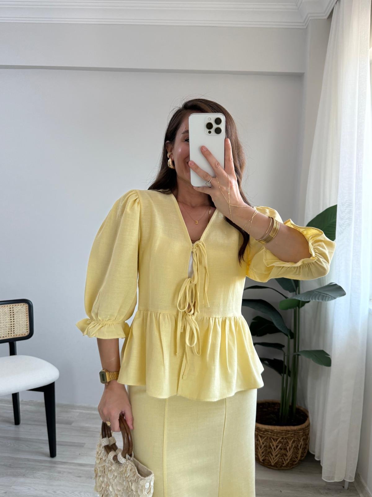 Sarı Keten Bağlamalı Balan Kol Bluz Etek Takım 0619
