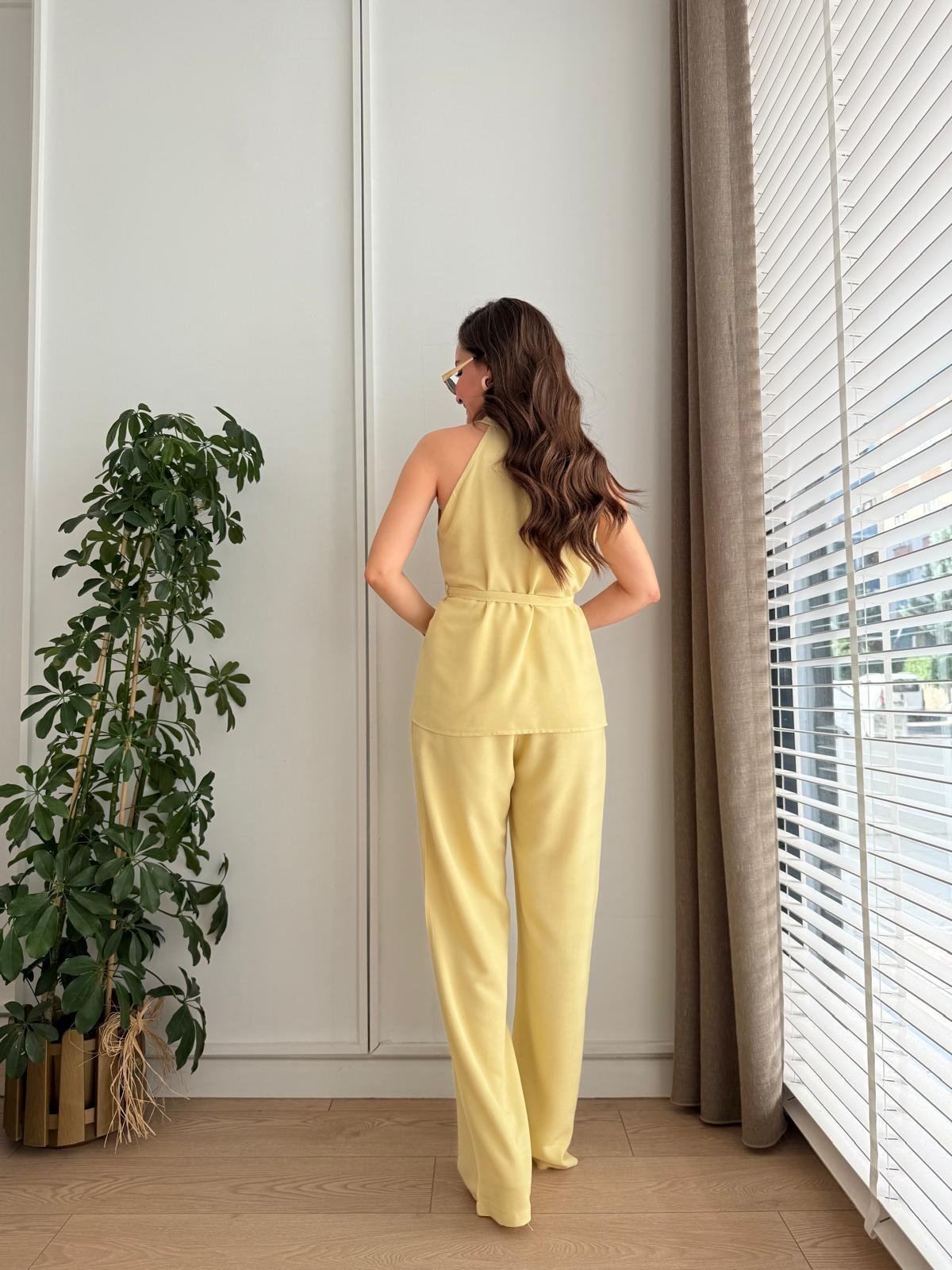 Sarı Keten Bağlamalı Yelek Pantolon Takım 0243