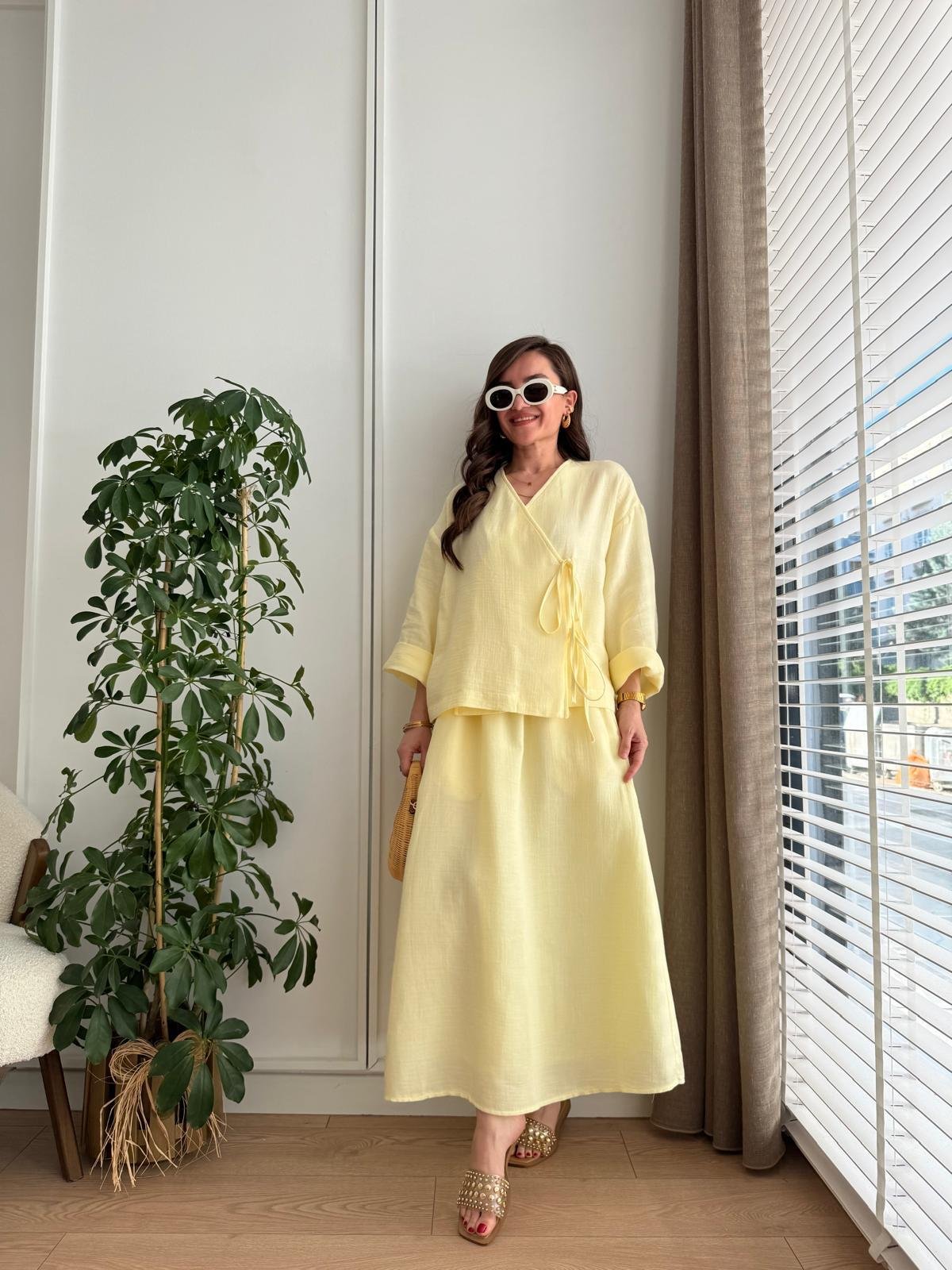 Sarı Keten Kimono Etek Takım 8717