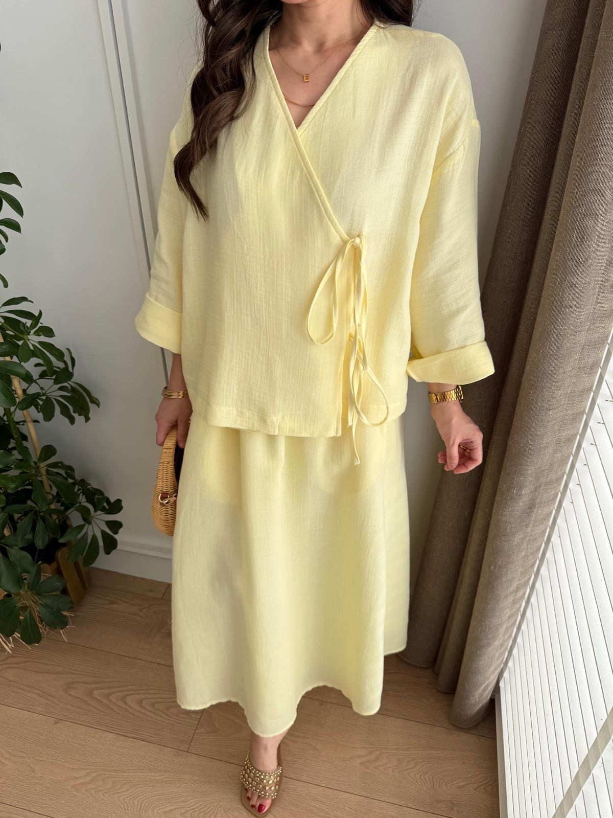 Sarı Keten Kimono Etek Takım 8717
