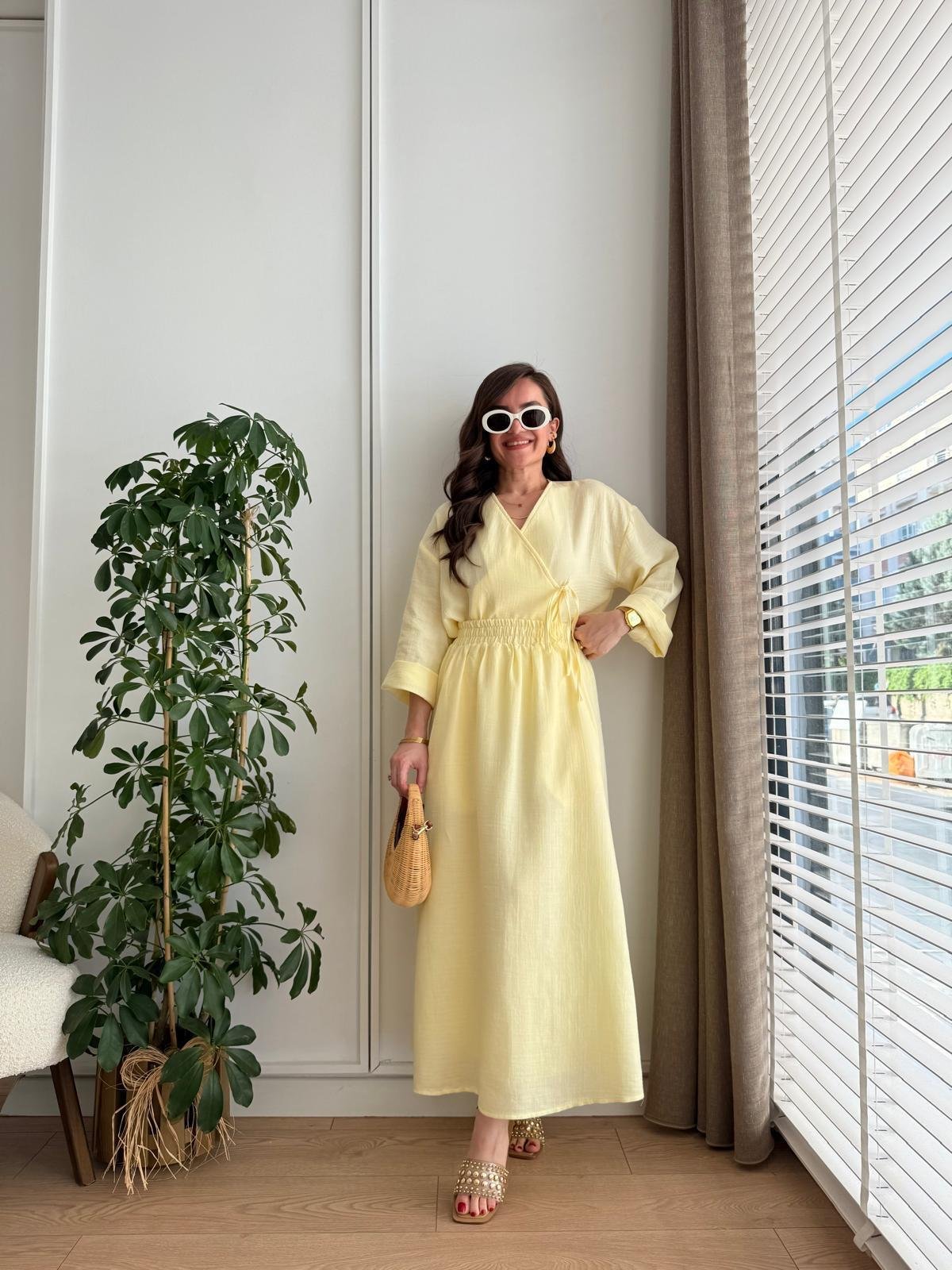 Sarı Keten Kimono Etek Takım 8717