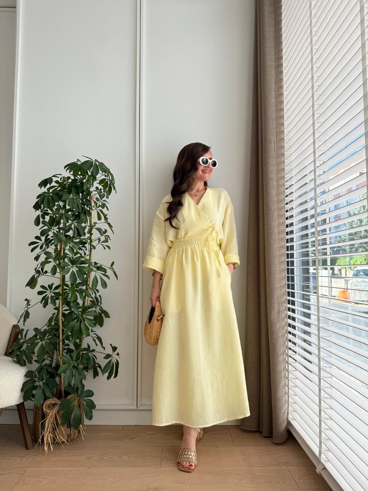Sarı Keten Kimono Etek Takım 8717