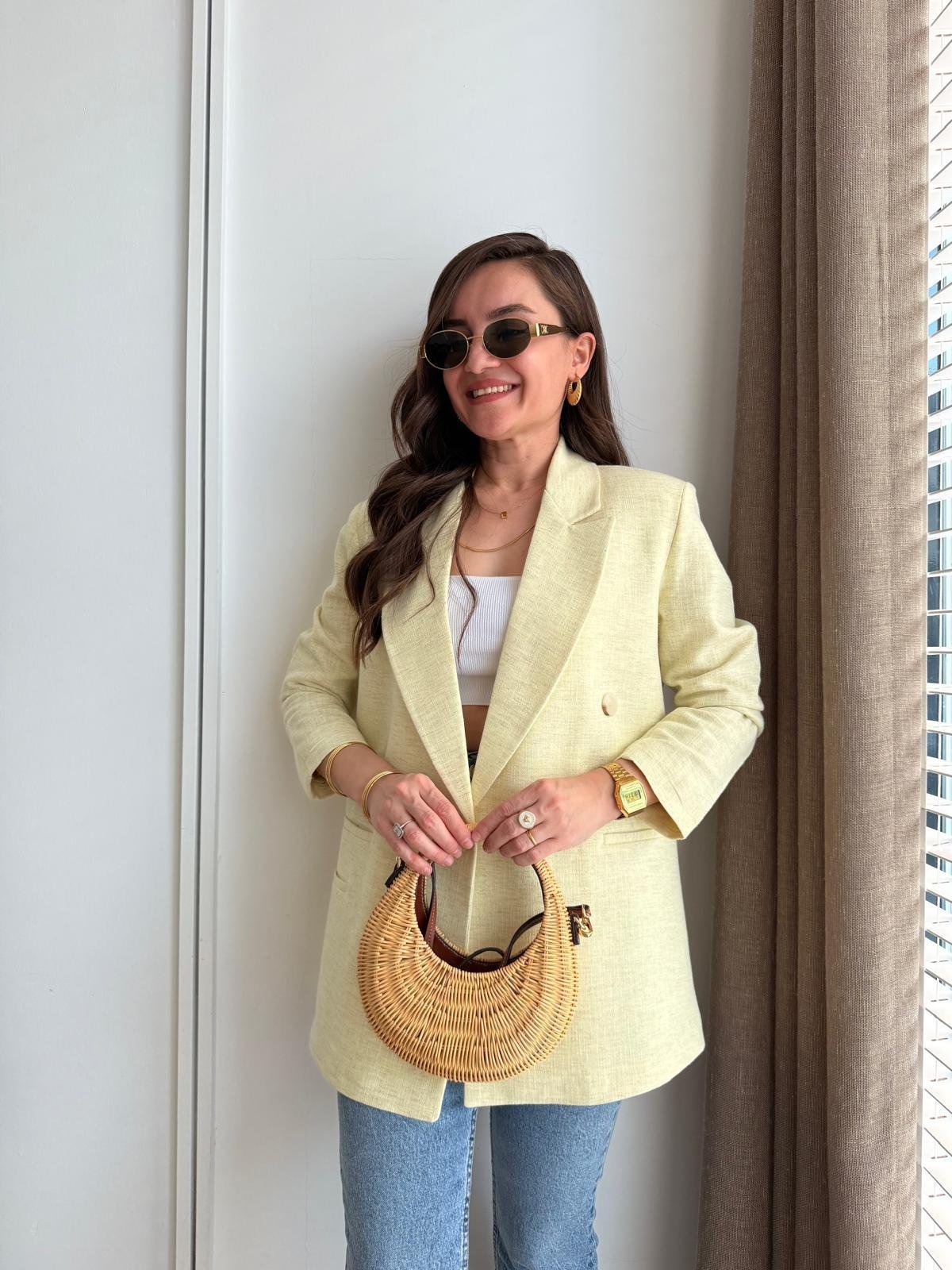 Sarı Kruvaze Yaka Cep Detaylı Blazer Ceket 6255
