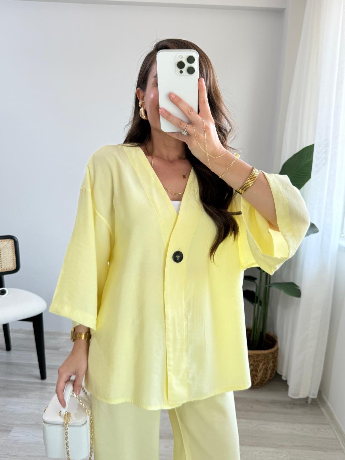 Sarı Kruvaze Yaka Düğmeli Kimono Takım 1121
