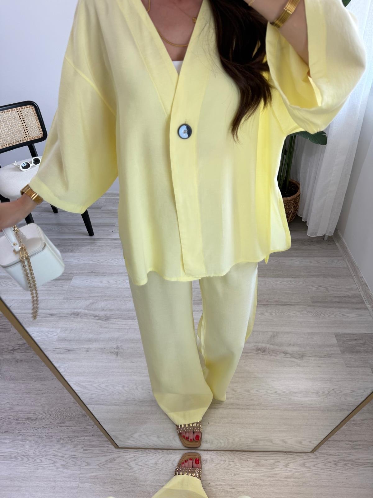 Sarı Kruvaze Yaka Düğmeli Kimono Takım 1121