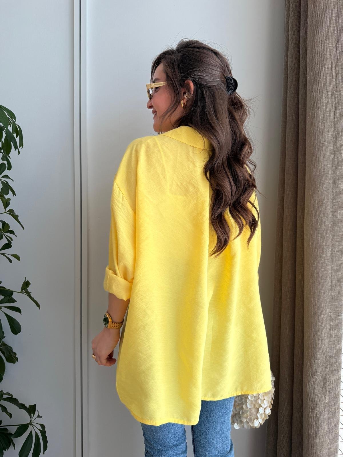 Sarı Lüx Kalite Oversize Gömlek 4612