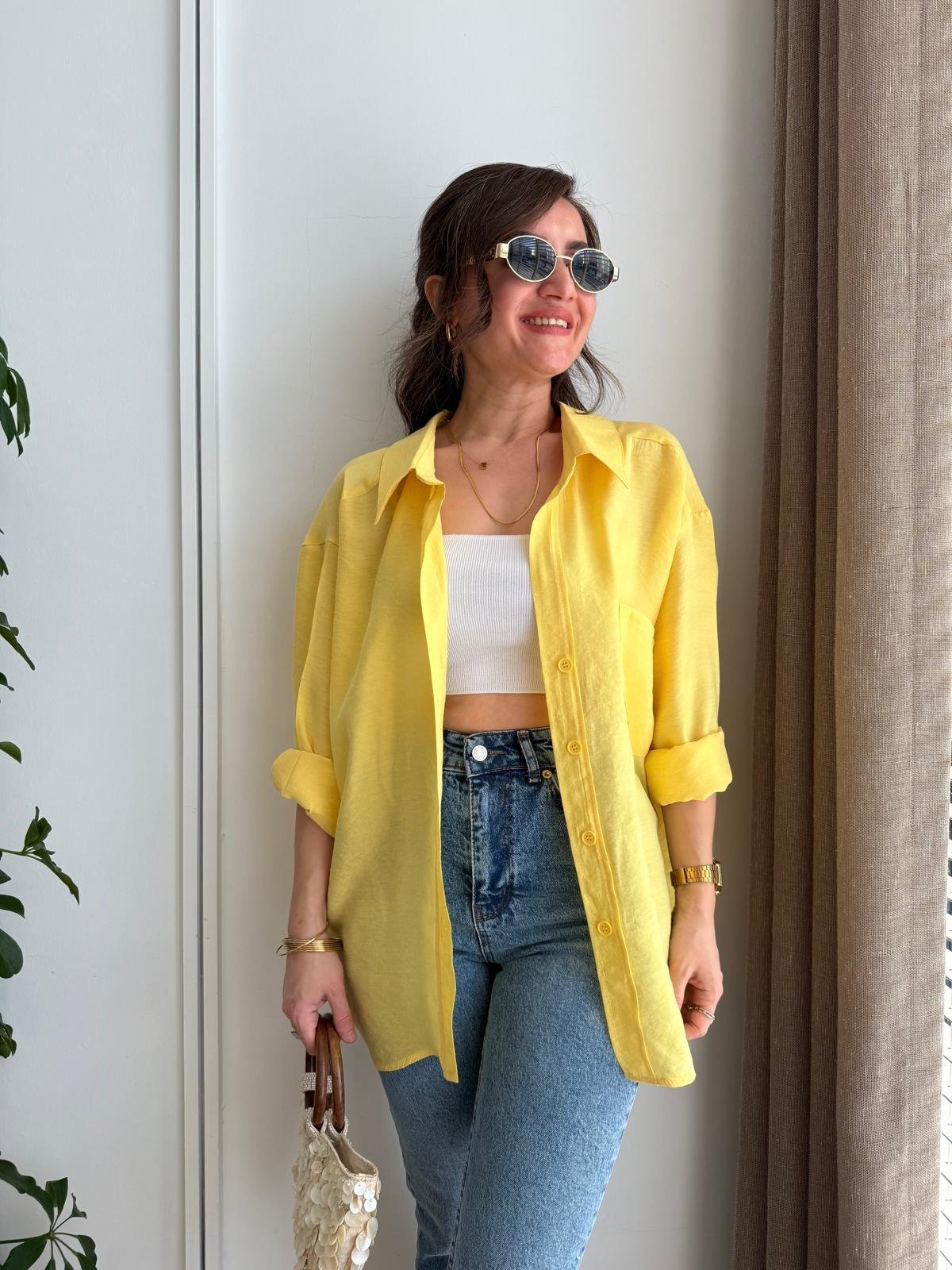 Sarı Lüx Kalite Oversize Gömlek 4612