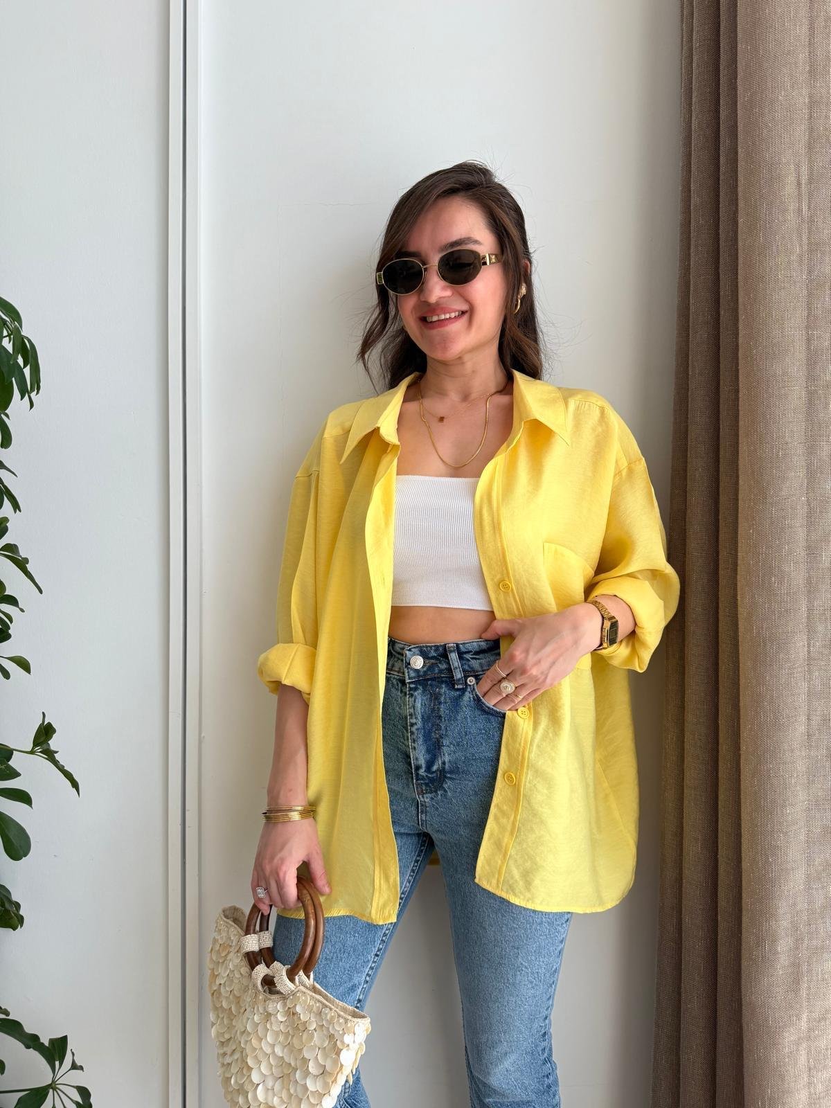Sarı Lüx Kalite Oversize Gömlek 4612