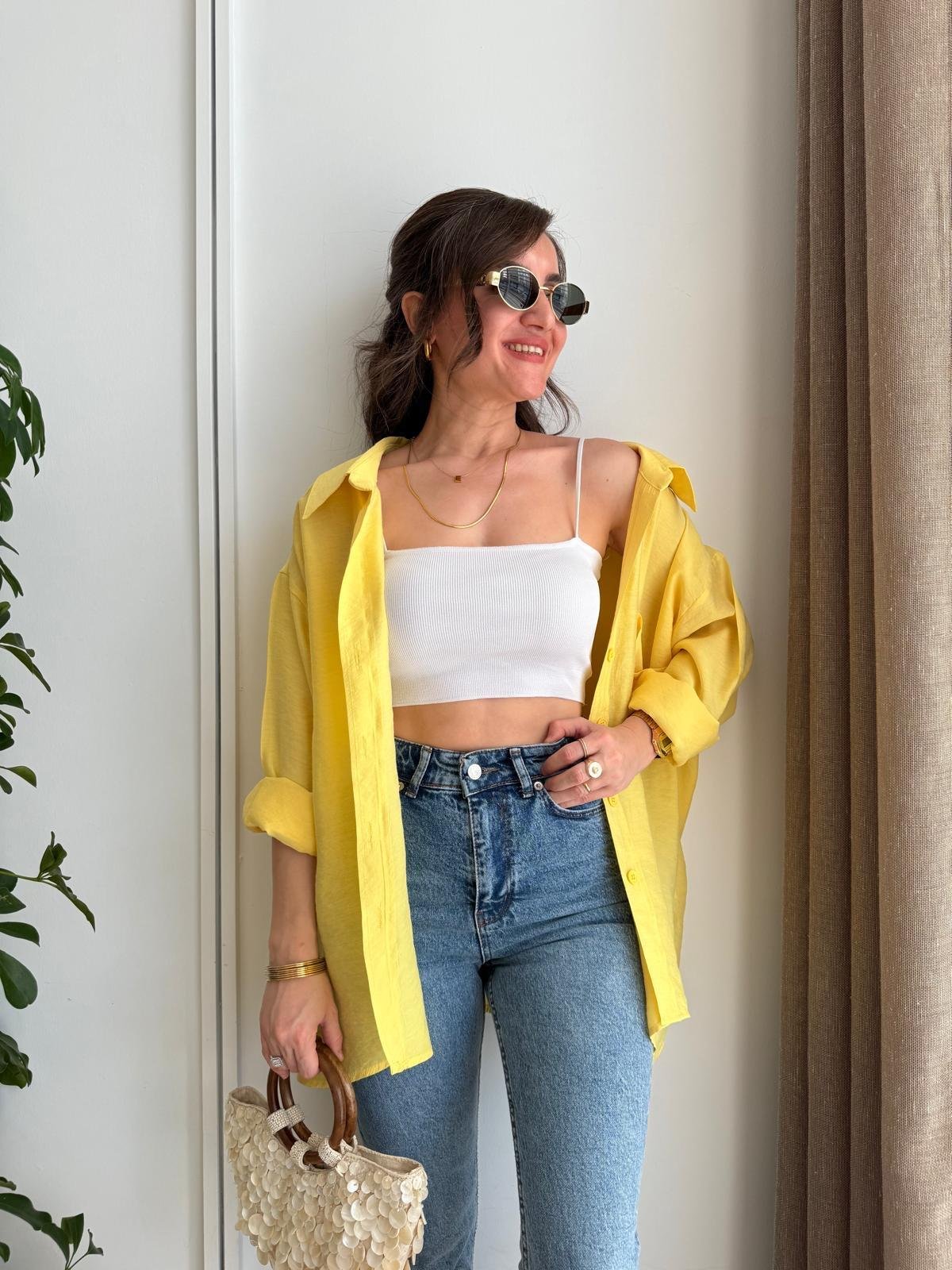 Sarı Lüx Kalite Oversize Gömlek 4612