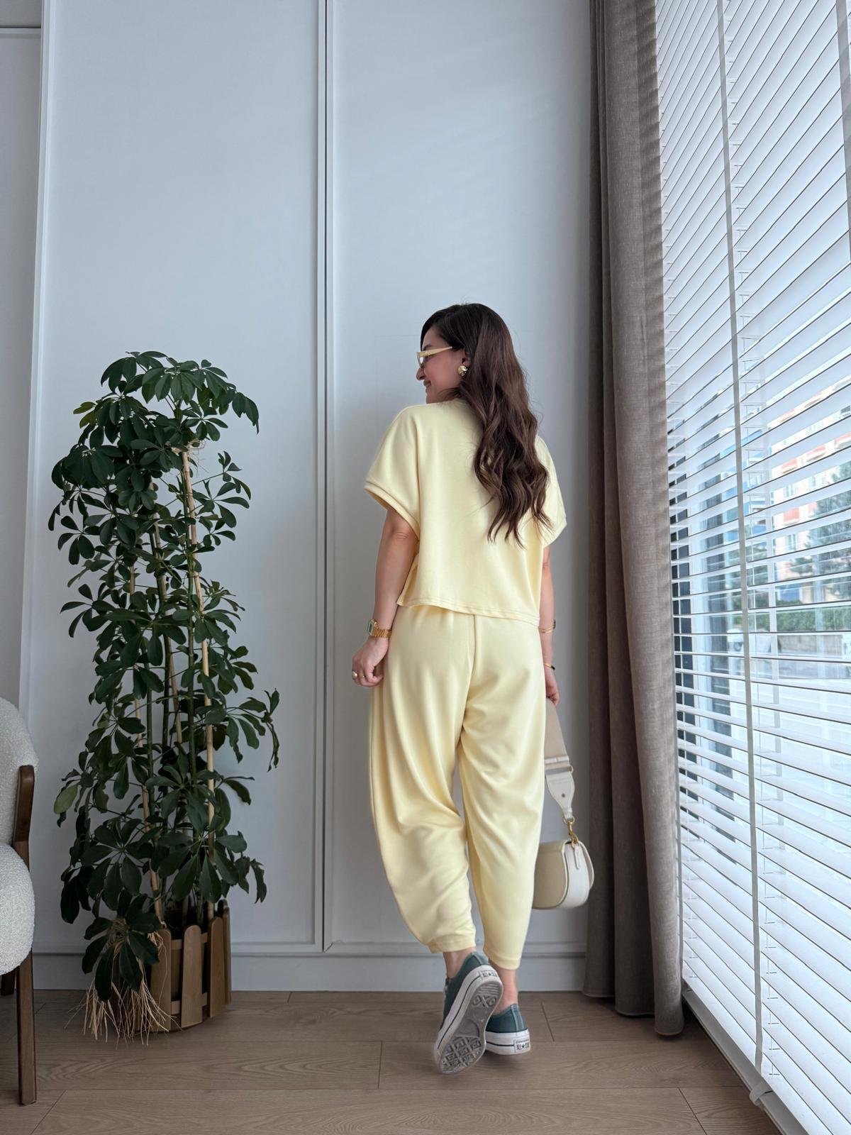 Sarı Modal Kumaş Paça Detaylı Takım 963