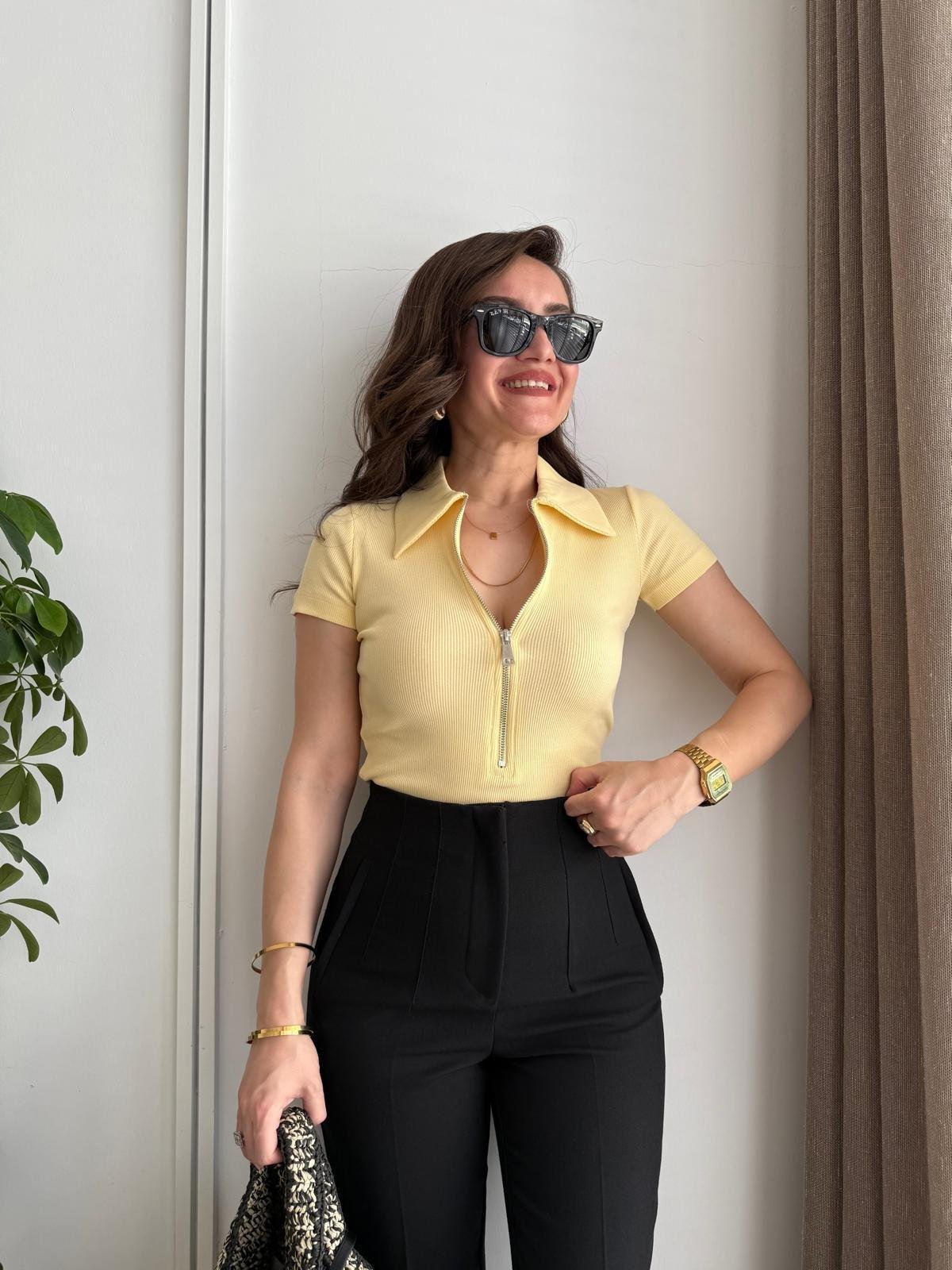 Sarı Polo Yaka Fermuarlı Kısa Kol Tshirt 251082