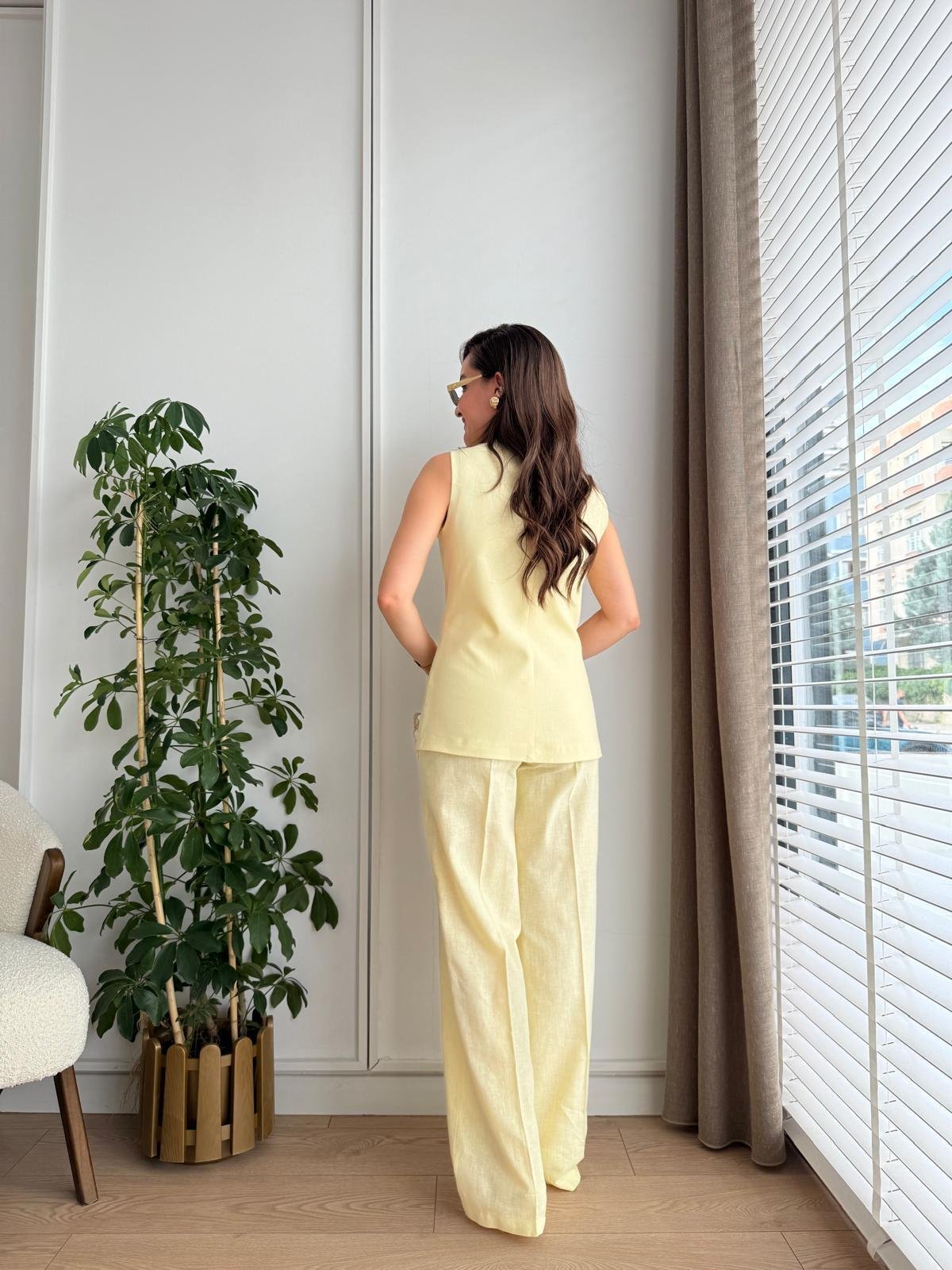 Sarı Premıum Seri Gümüş Düğme Detaylı Yelek Pantolon Takım 2028