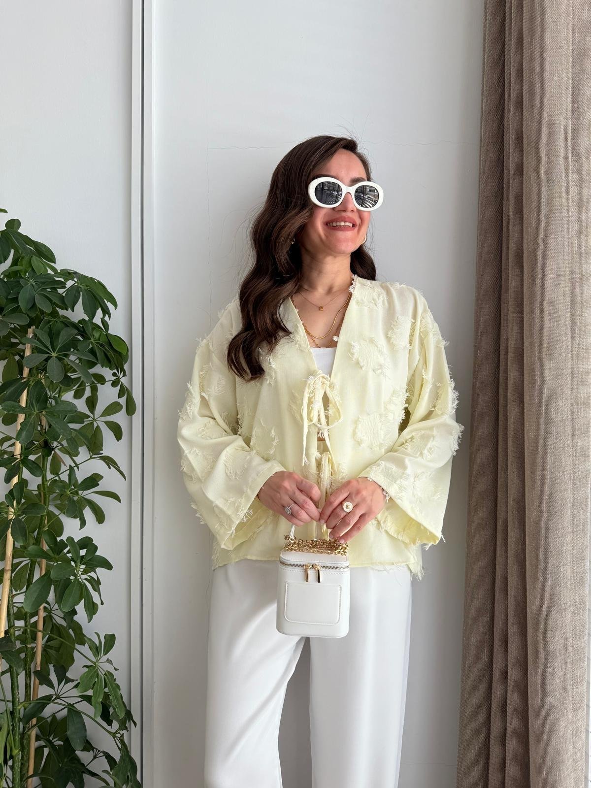 Sarı Püskül Detaylı Ön Bağlamalı Kimono 7012