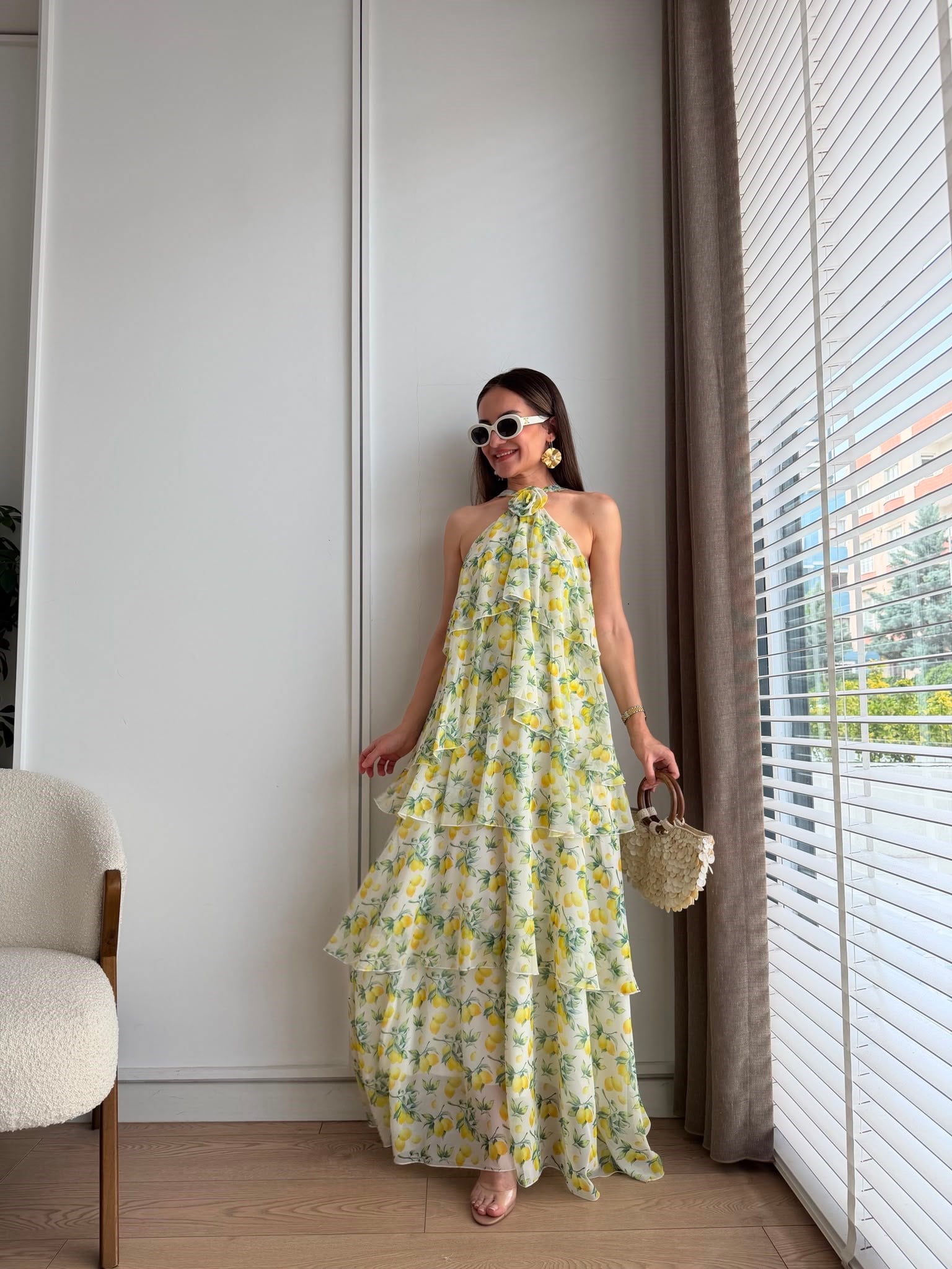 Sarı Yaka Detaylı Katlı Şifon Elbise 0873