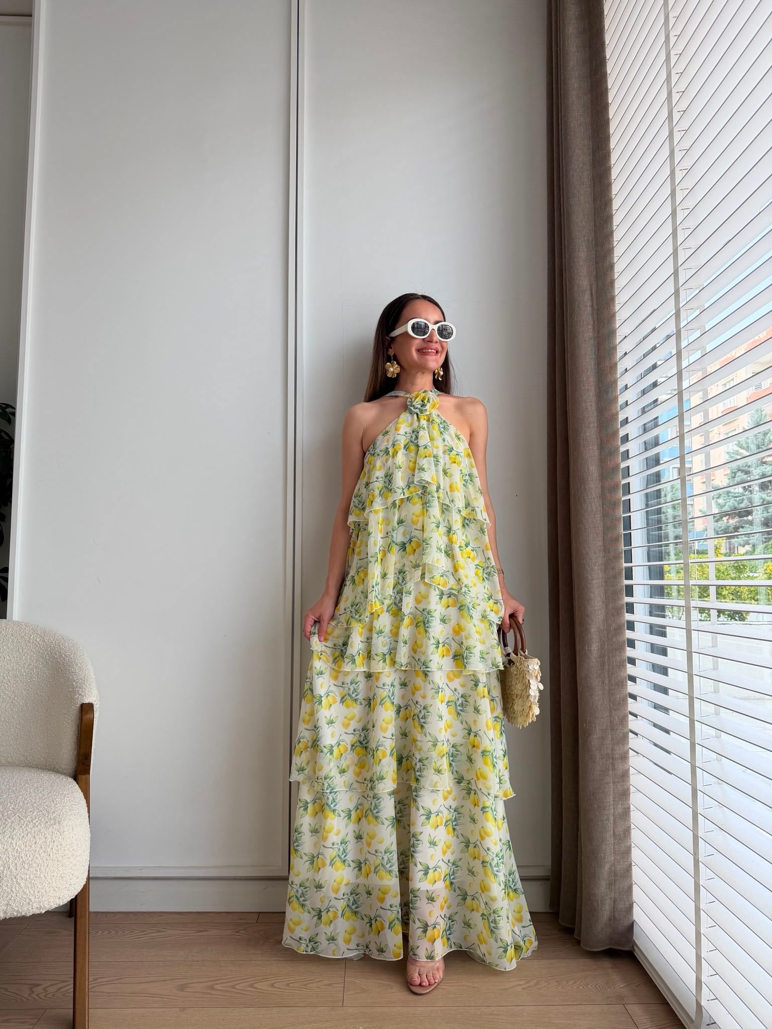 Sarı Yaka Detaylı Katlı Şifon Elbise 0873