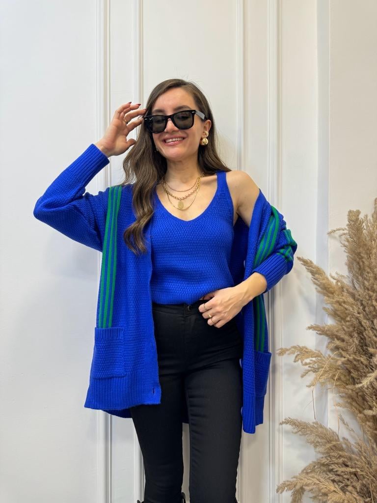 Sax Çizgili Crop Hırka Takım 0023