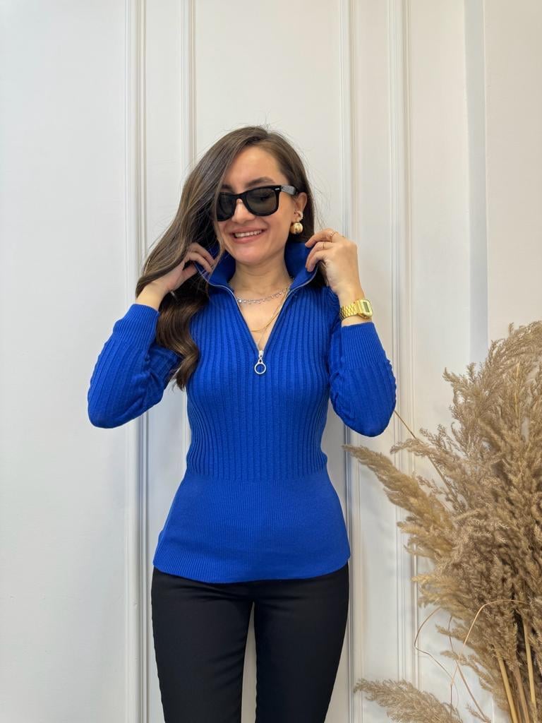 Sax Çizgili Dik Yaka Fermuarlı Triko Bluz 203