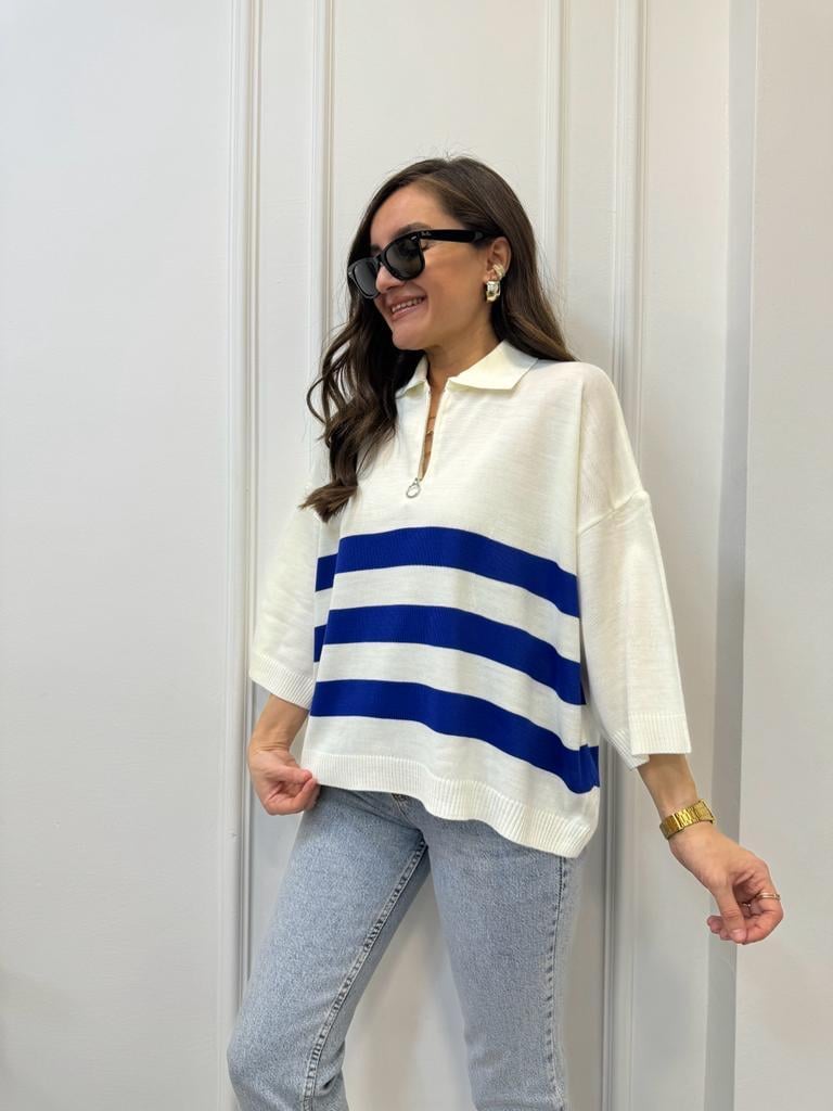 Sax Çizgili Polo Yaka Fermuarlı Yarım Kol Triko Bluz 3933