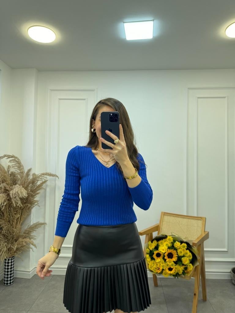 Sax Çizgili V Yaka Triko Bluz 185