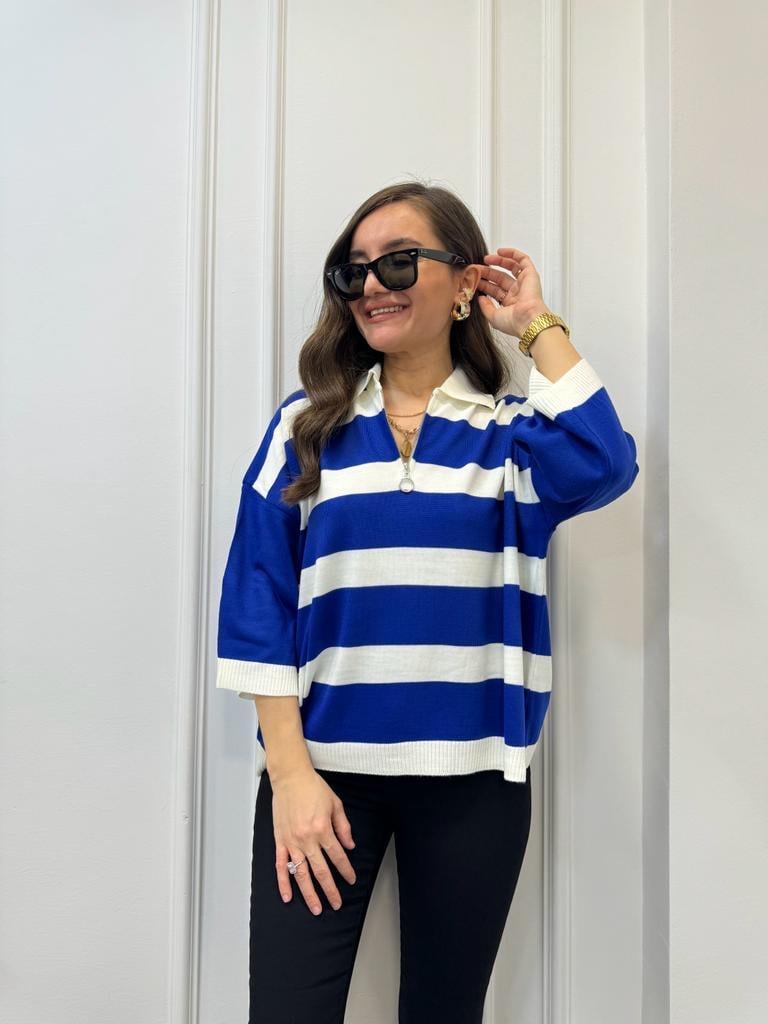 Sax Fermuarlı Çizgili Kol Detaylı Triko Bluz 3944