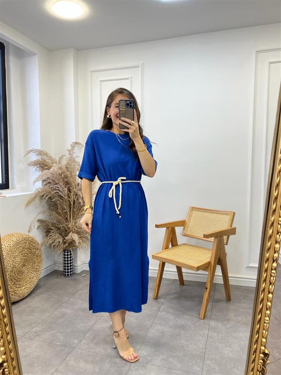 Sax Gofre Kumaş Yırtmaçlı Basic Elbise 0411