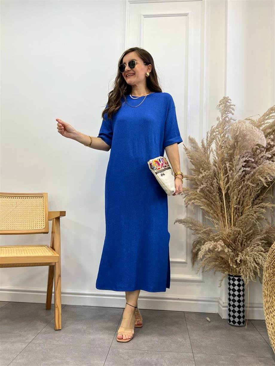 Sax Gofre Kumaş Yırtmaçlı Basic Elbise 0411