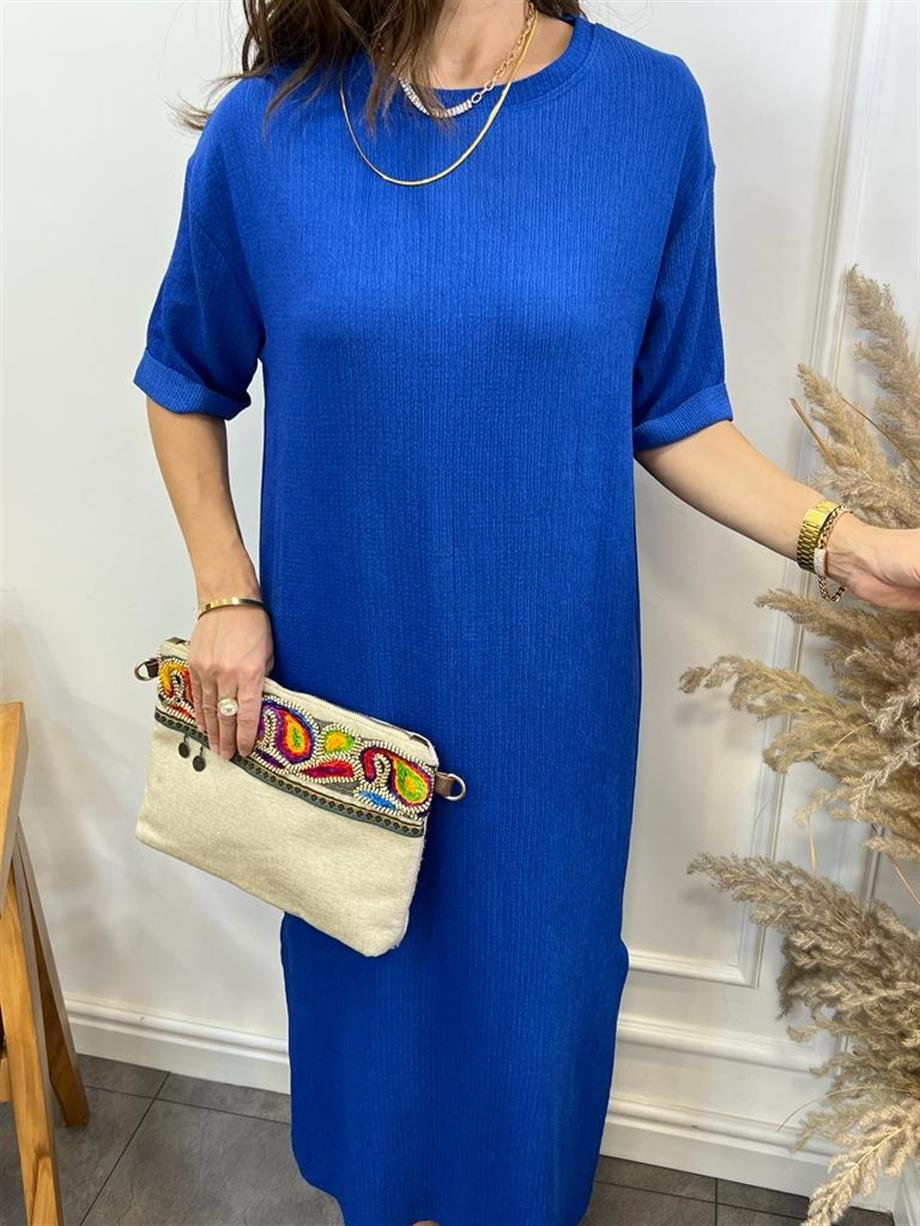 Sax Gofre Kumaş Yırtmaçlı Basic Elbise 0411