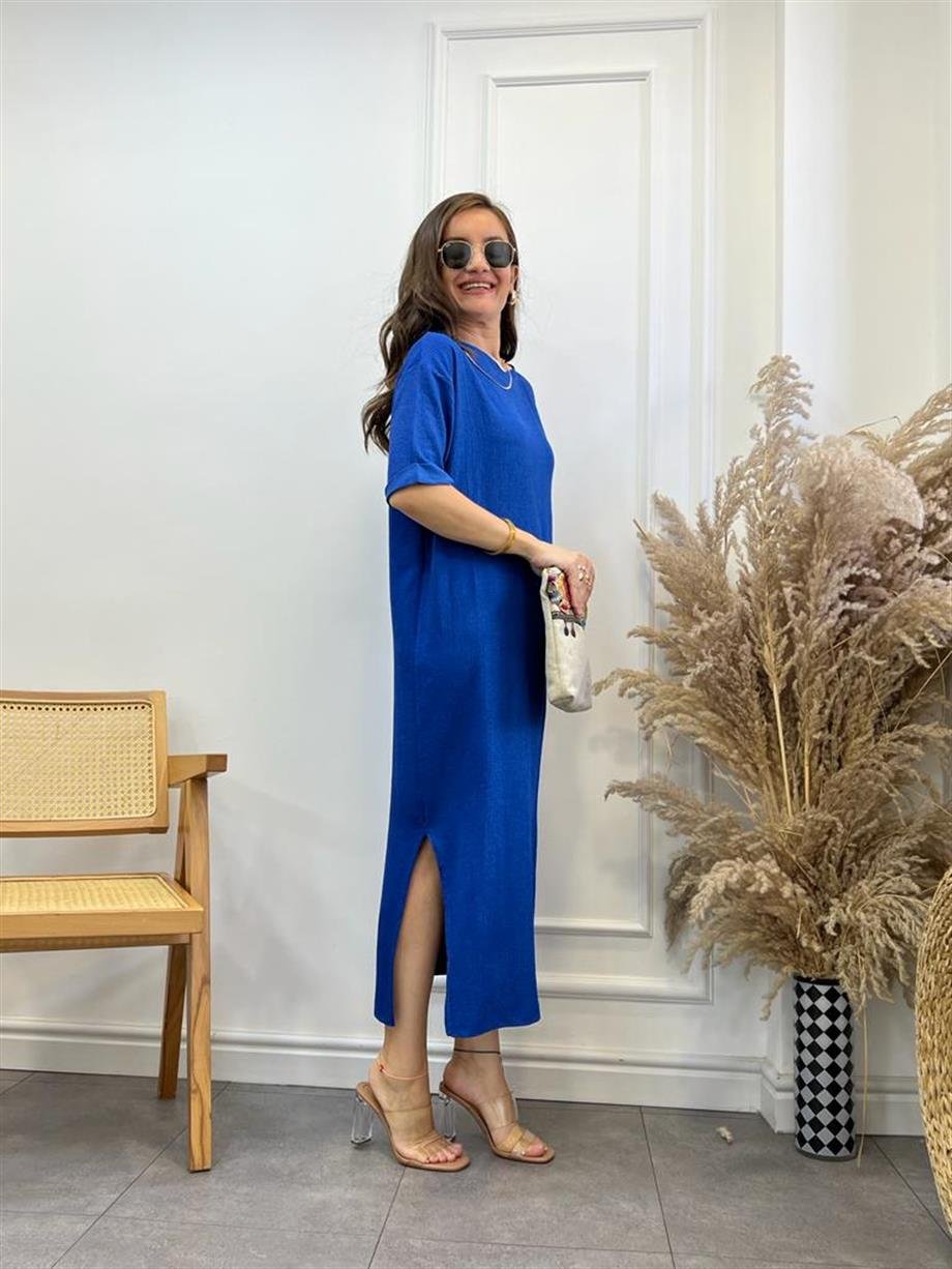 Sax Gofre Kumaş Yırtmaçlı Basic Elbise 0411