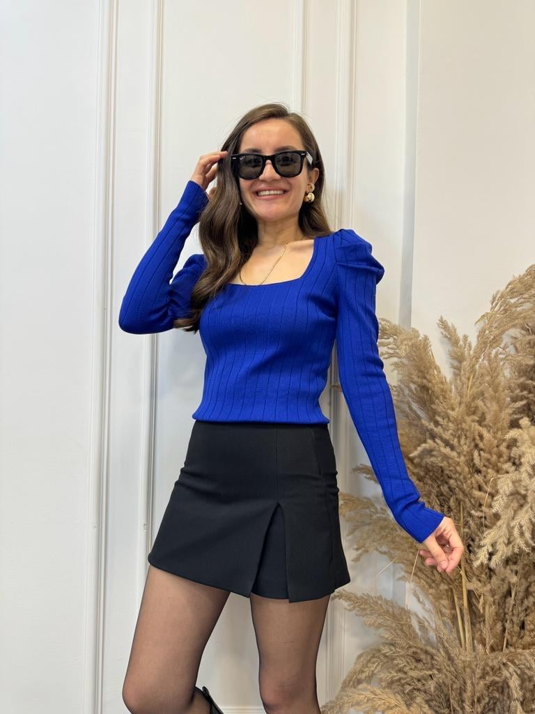 Sax Kare Yaka Omuz Drape Detaylı Triko Bluz 3072