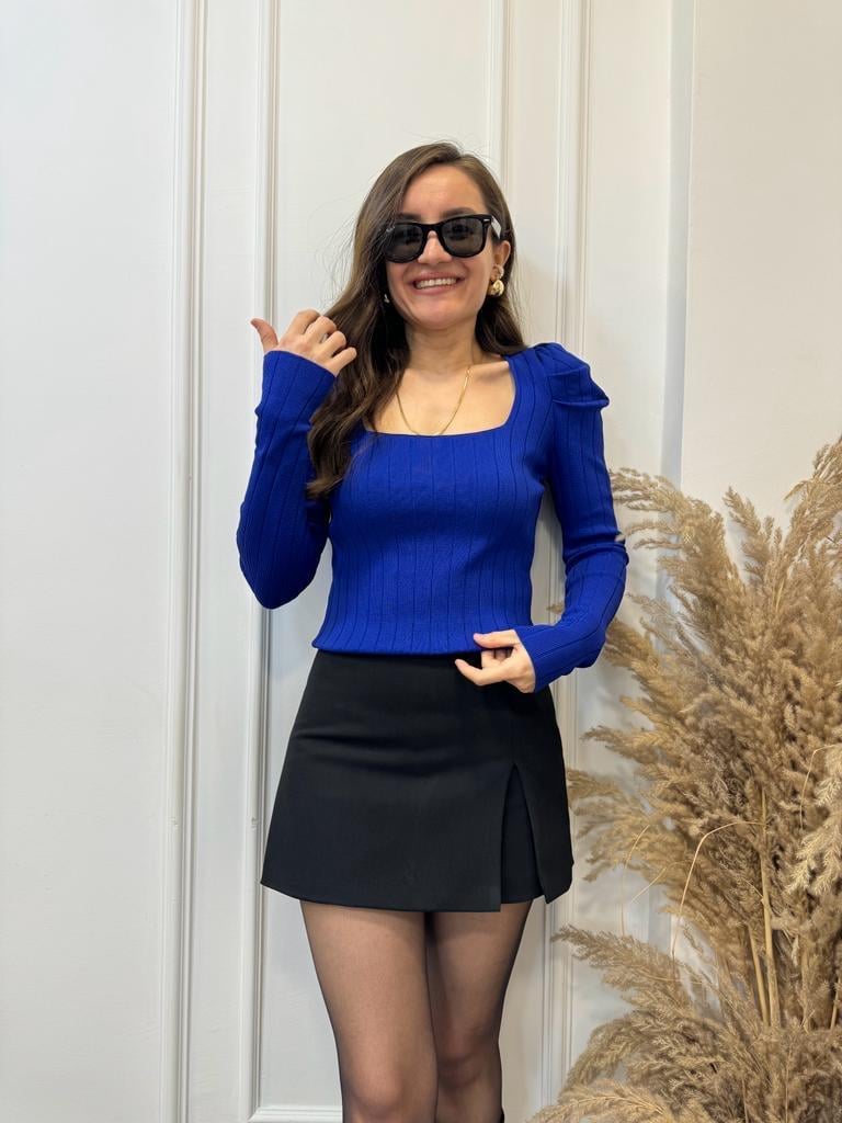 Sax Kare Yaka Omuz Drape Detaylı Triko Bluz 3072