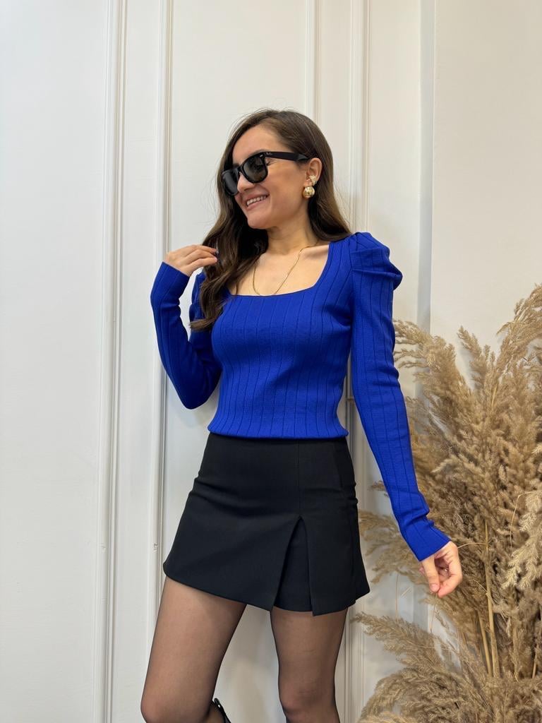 Sax Kare Yaka Omuz Drape Detaylı Triko Bluz 3072
