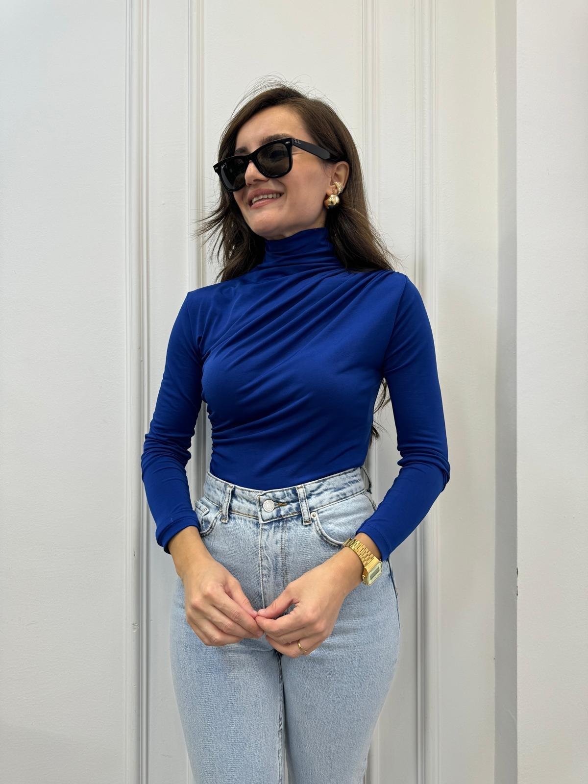 Sax Omuz Drape Detaylı Tasarım Bluz 7043