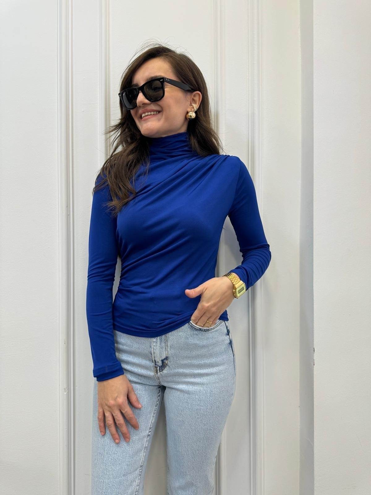 Sax Omuz Drape Detaylı Tasarım Bluz 7043