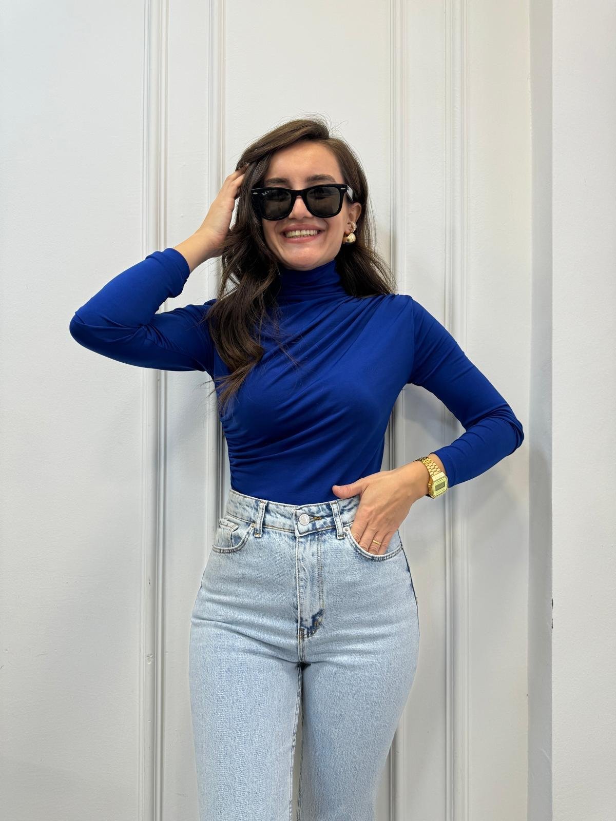 Sax Omuz Drape Detaylı Tasarım Bluz 7043