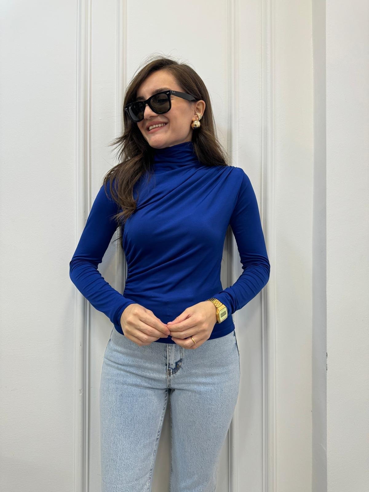 Sax Omuz Drape Detaylı Tasarım Bluz 7043