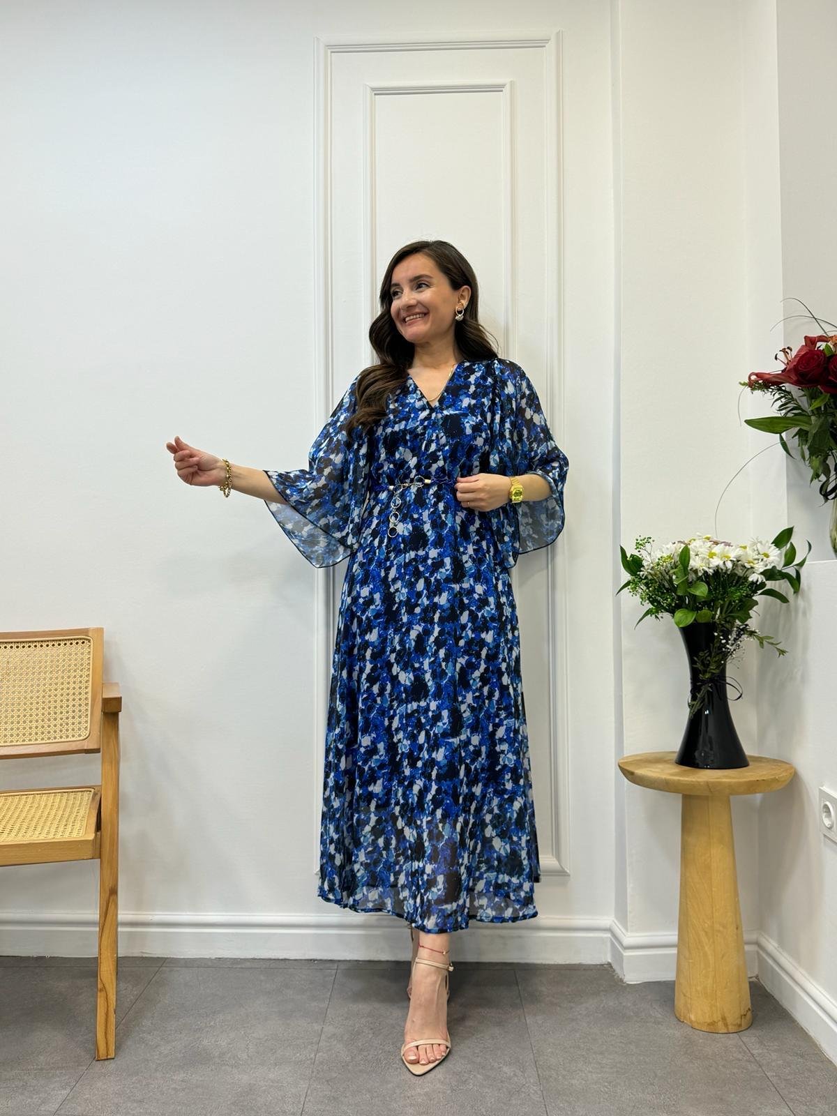 Sax Renkli Desenli Örme Kemer Detaylı Kolları Salaş Elbise 4000