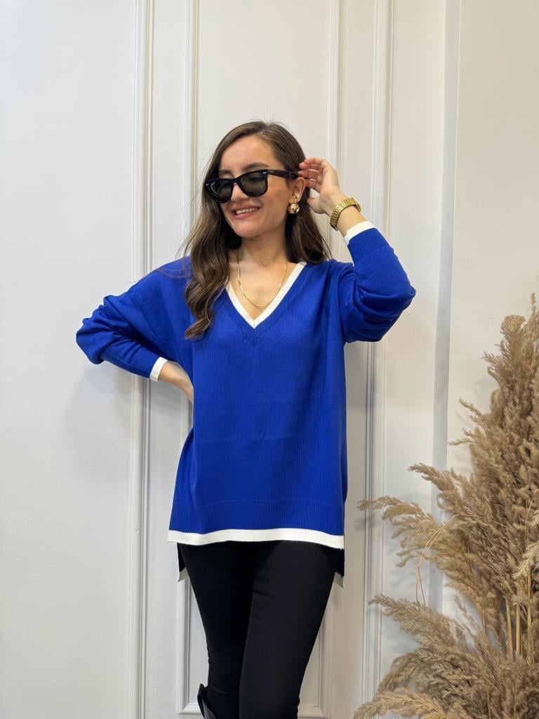 Sax V Yaka Beyaz Şeritli Triko Bluz 3743