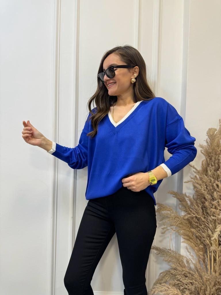 Sax V Yaka Beyaz Şeritli Triko Bluz 3743