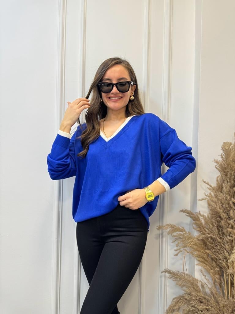 Sax V Yaka Beyaz Şeritli Triko Bluz 3743
